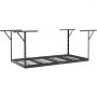 Robuuste zwarte VEVOR garage-opslagrek, aan het plafond gemonteerd, met metalen planken en steunbeugels.