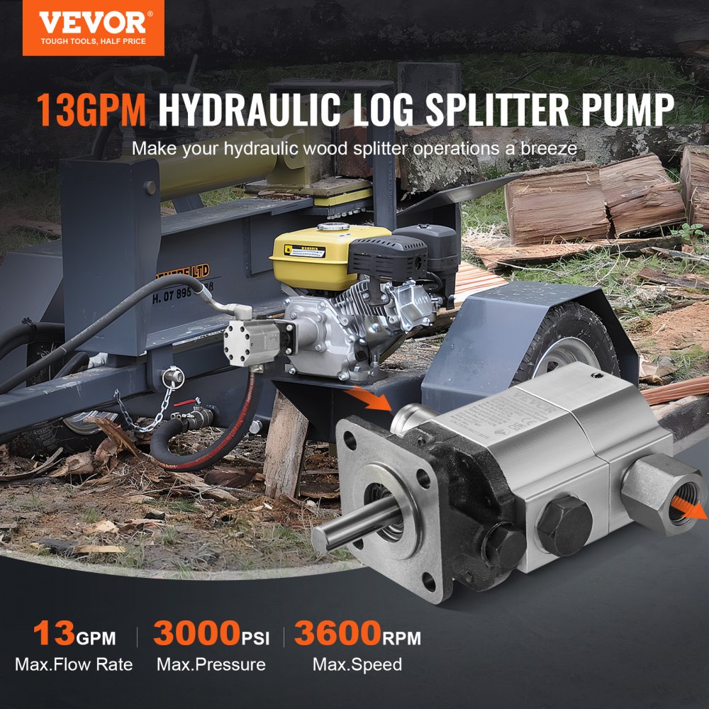 VEVOR hydraulische houtkloofpomp, 13 GPM, 2-traps 3000 PSI houtkloofpomp, 1" inlaat 1/2" NPT uitlaat 3600 RPM aluminium hydraulische tandwielpomp, voor houtkloofmachines met kleine motoren, sneeuwploegen
