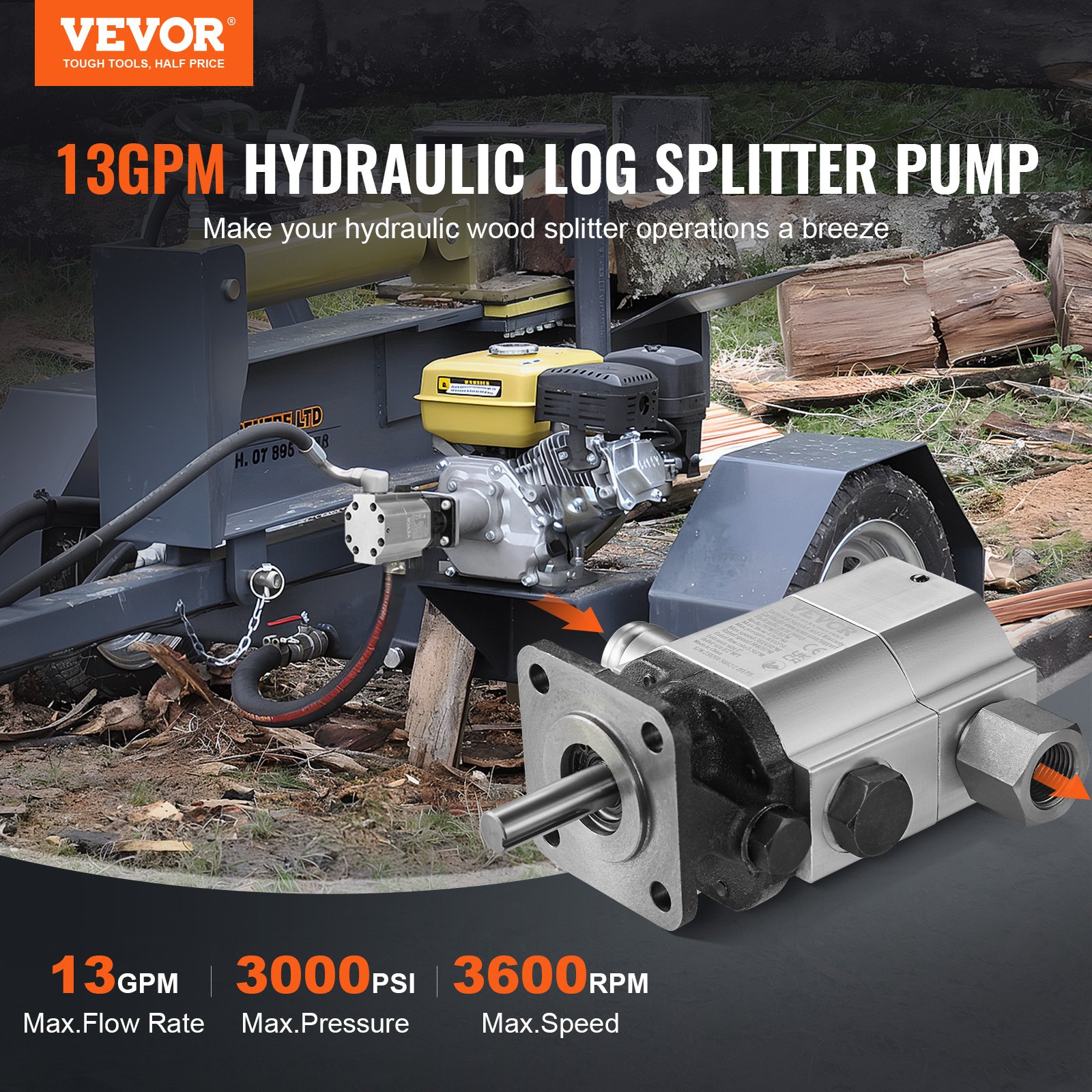 VEVOR hydraulische houtkloofpomp, 13 GPM, 2-traps 3000 PSI houtkloofpomp, 1" inlaat 1/2" NPT uitlaat 3600 RPM aluminium hydraulische tandwielpomp, voor houtkloofmachines met kleine motoren, sneeuwploegen