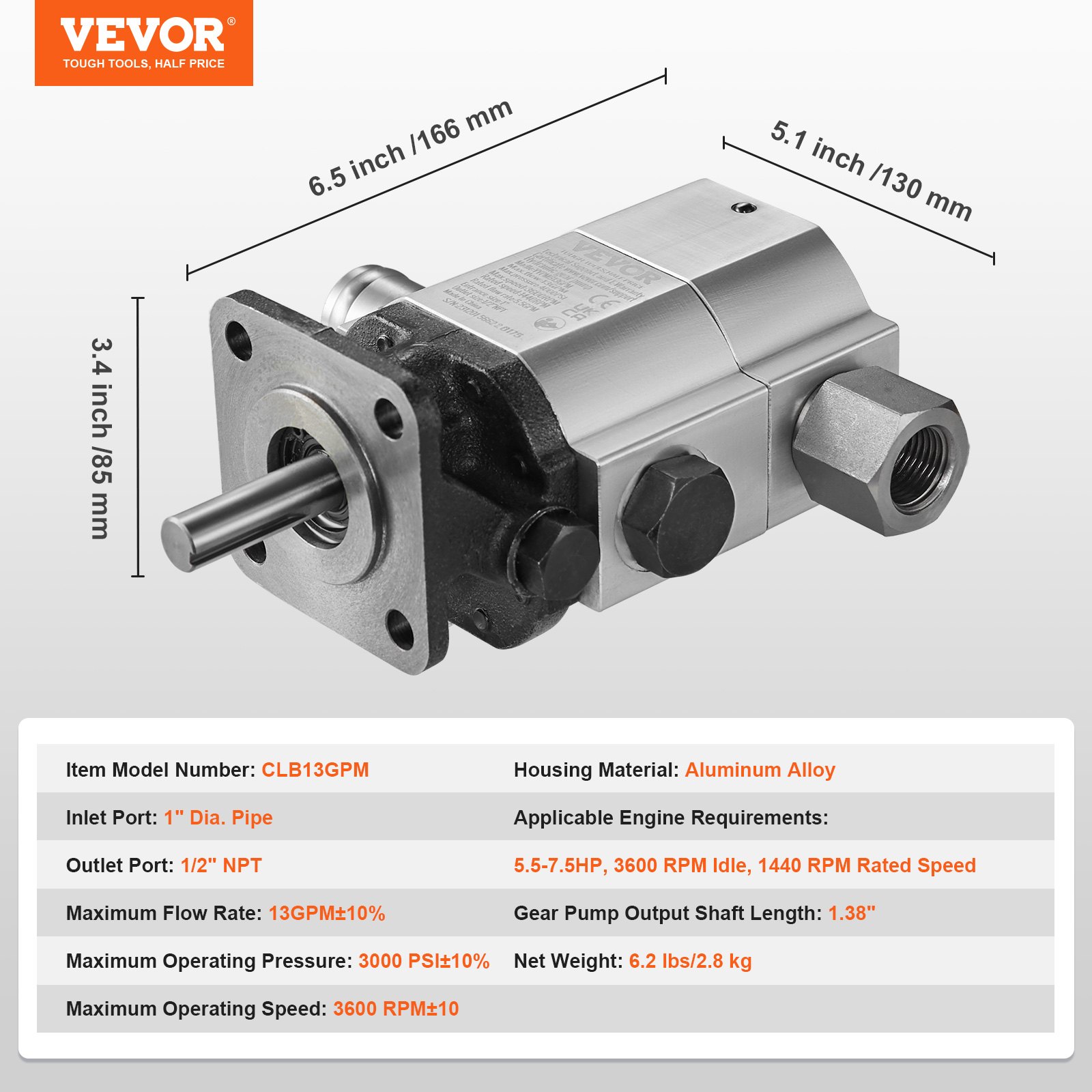 VEVOR hydraulische houtkloofpomp, 13 GPM, 2-traps 3000 PSI houtkloofpomp, 1" inlaat 1/2" NPT uitlaat 3600 RPM aluminium hydraulische tandwielpomp, voor houtkloofmachines met kleine motoren, sneeuwploegen