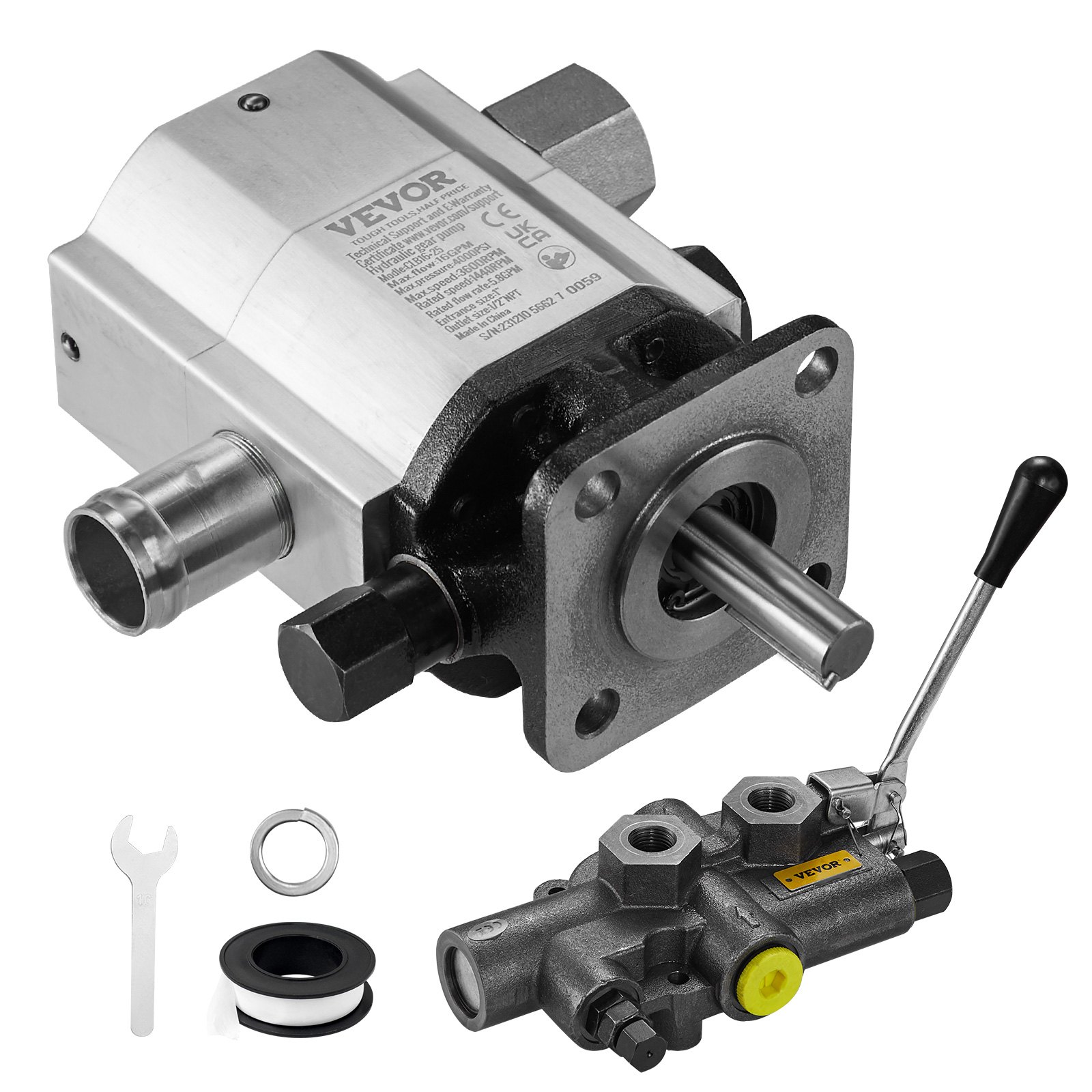 VEVOR hydraulische pompset voor houtkloofmachines, 16 GPM, 2-traps 4000 PSI aluminium hydraulische tandwielpomp, met ventiel, 1" inlaat 1/2" NPT uitlaat, 3600 RPM, voor houtkloofmachines met kleine motor.