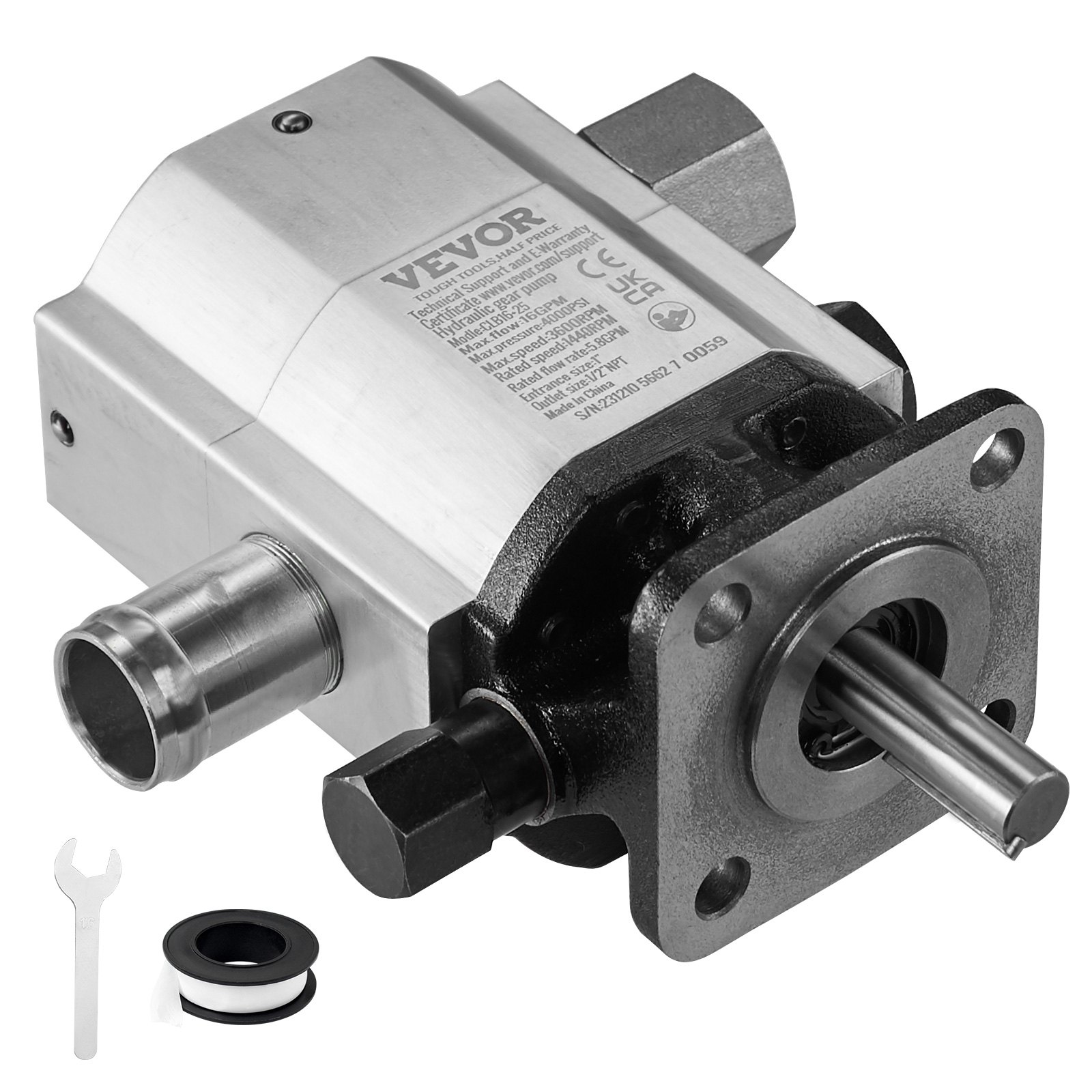 VEVOR hydraulische houtkloofpomp 16 GPM 2-traps 4000 PSI houtkloofpomp 1" inlaat 1/2" NPT uitlaat 3600 RPM hydraulische aluminium tandwielpomp voor houtkloofmachines met kleine motor sneeuwploeg