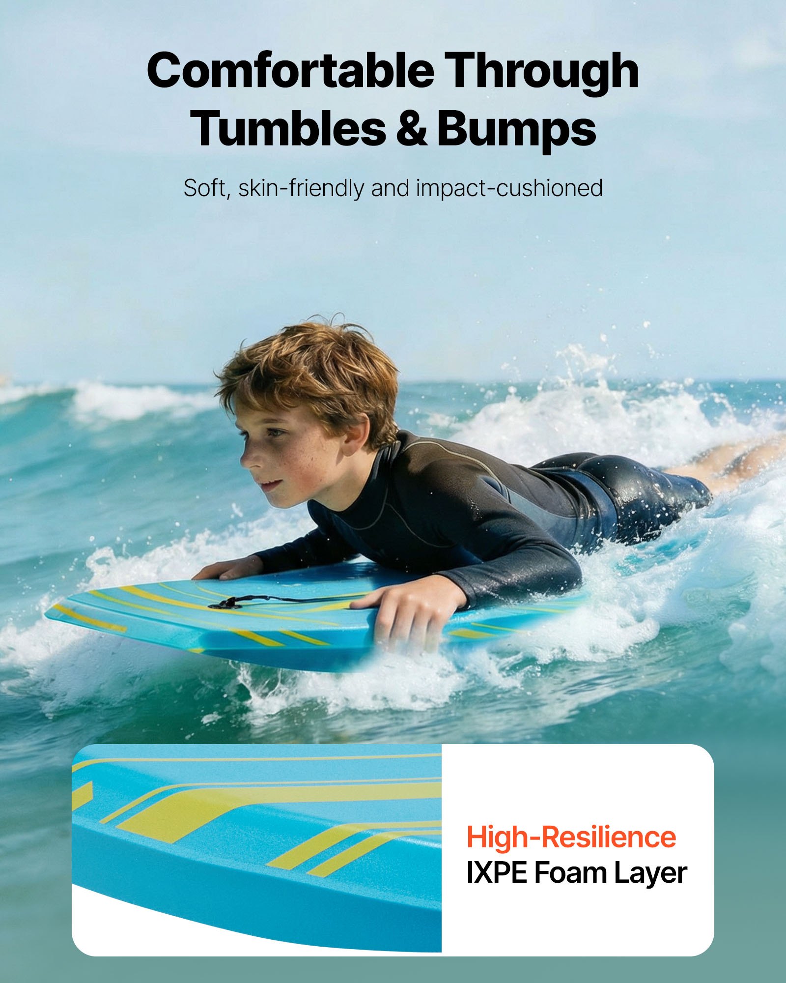 VEVOR Bodyboard 105,5x52 cm, waveboard gemaakt van IXPE HDPE met EPS-kern, surfboard inclusief polsbandje, UV-bescherming voor beginners en gevorderde surfers tot 82 kg, zwemboard voor strand, zee, zwembad en surfen