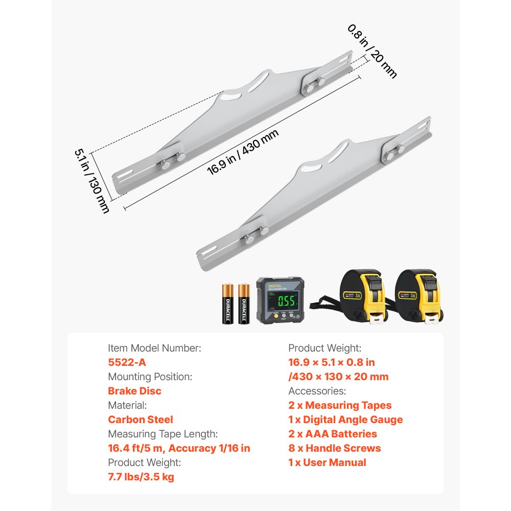 VEVOR wieluitlijningstool, asmeetinstrument, 2 stuks sporingsmeetplaten, cambermeetplaten van koolstofstaal met digitale gradenboog, 2 meetlinten, nauwkeurig gereedschap voor autowielen voor auto's, vrachtwagens en SUV's