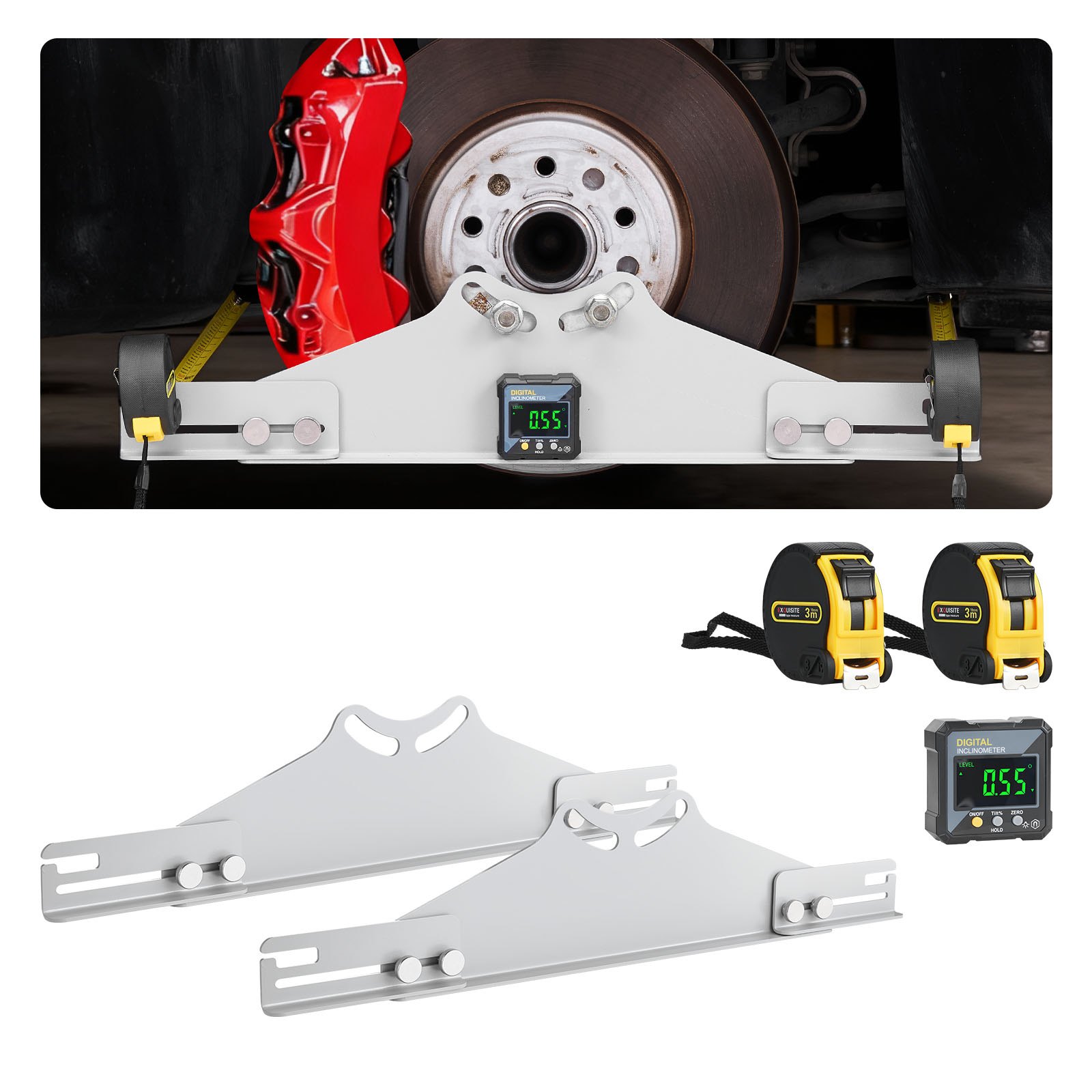 VEVOR Wieluitlijngereedschap, Asmeetgereedschap, 2 stuks Spoorhoekmeetplaten, Cambermeetplaten van koolstofstaal met digitale gradenboog, 2 meetlinten, Nauwkeurig gereedschap voor autowielen van personenauto's, vrachtwagens en SUV's