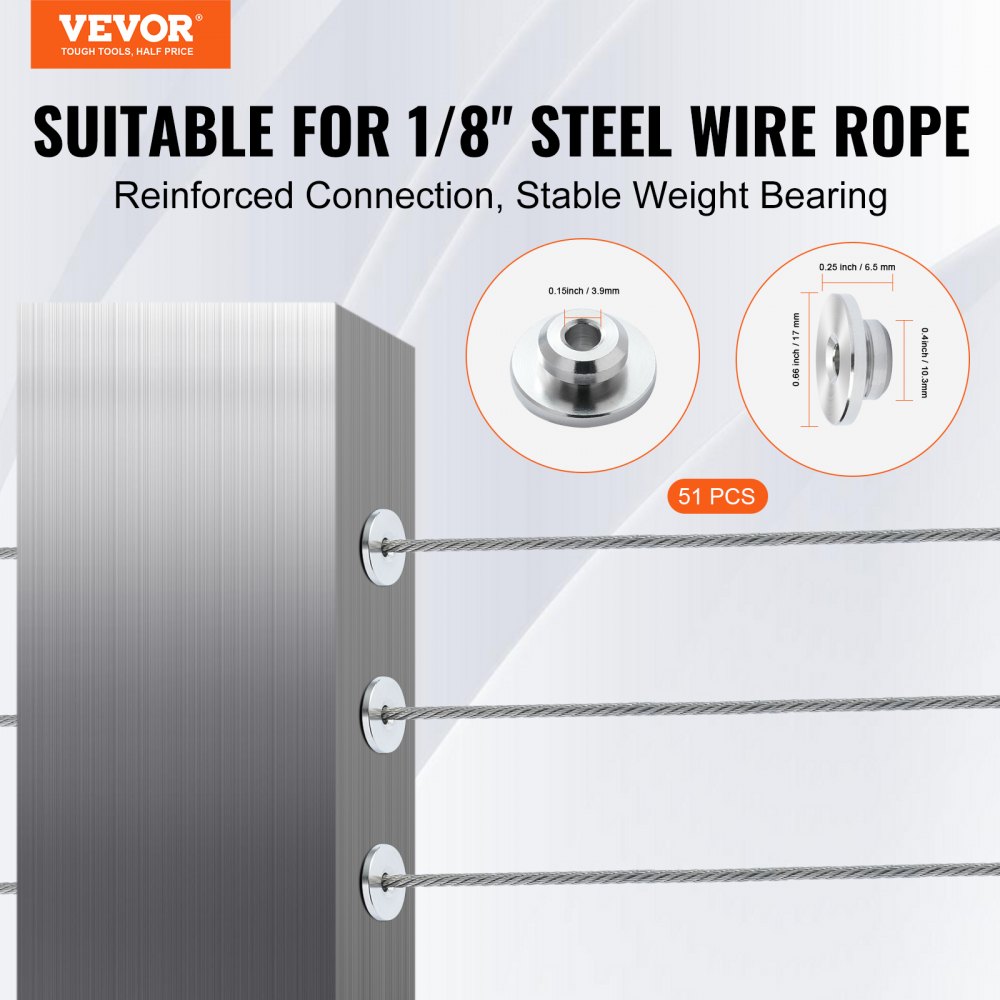 VEVOR 51-pack kabelleuningset, 1/8 inch wielbeschermhoezen, bundel met zwarte onzichtbare 1/8 inch persspanner en klem, kabelleuningpaalbeschermhoezen voor 0,41 inch horizontale gatpaal