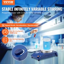 VEVOR Magnetic Stirrer, 0-1500 RPM Stirring Plate with Adjustable Speed ​​Knob, 20L Plate Stirrer Set, Stirring Rod Included