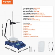 VEVOR Magnetic Stirrer Heating Plate, Max. 340°C, 1500 RPM Heating Plate with Magnetic Stirrer, 20L Hot Plate Stirrer with LED Screen, Support Stand and Stirring Rods, 650W Heating Power