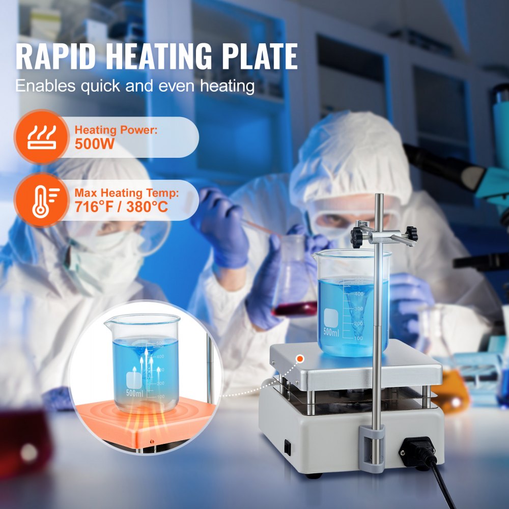 VEVOR Magnetische Roerder Verwarmingsplaat, Max. 380 °C, 0-2000 tpm Verwarmingsplaat met Magnetische Roerder, 3000 ml Verwarmingsplaat Roerder, Inclusief Standaard en Roerstaafjes, 500 W Verwarmingsvermogen
