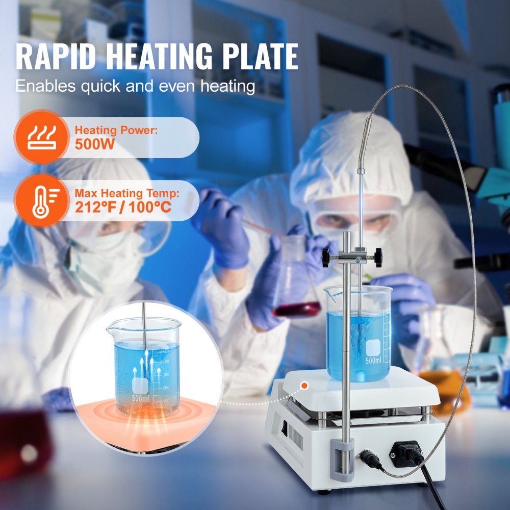 VEVOR Magnetische Roerder Verwarmde Plaat, Max. 100 °C, 2000 tpm Verwarmde Plaat met Magnetische Roerder, 2000 ml Verwarmde Plaat Roerder met LED-scherm, Ondersteuning & Roerstaafjes, 500 W Verwarmingsvermogen