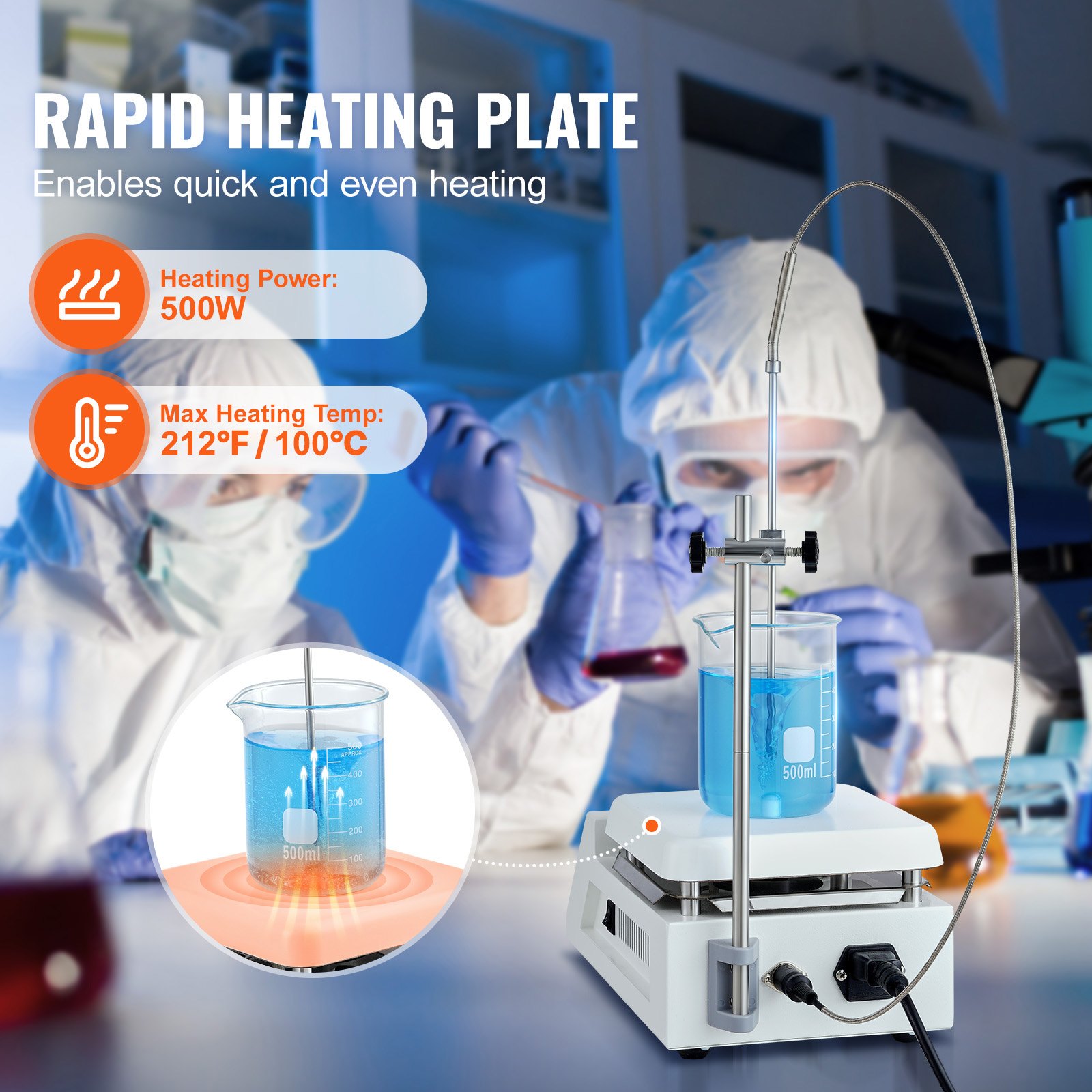 VEVOR Magnetische Roerder Verwarmde Plaat, Max. 100 °C, 2000 tpm Verwarmde Plaat met Magnetische Roerder, 2000 ml Verwarmde Plaat Roerder met LED-scherm, Ondersteuning & Roerstaafjes, 500 W Verwarmingsvermogen