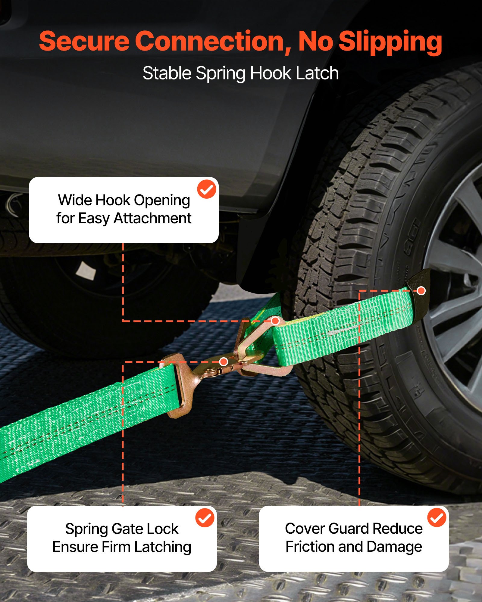 VEVOR Wielbevestigingsband (50,8 x 2438,4 mm) met veerhaken en een treksterkte van 4540 kg en een draagvermogen van 1512 kg, Motorfietsbevestigingssysteem Wielbevestigingsband Bandenband voor SUV's en aanhangwagens, Groen