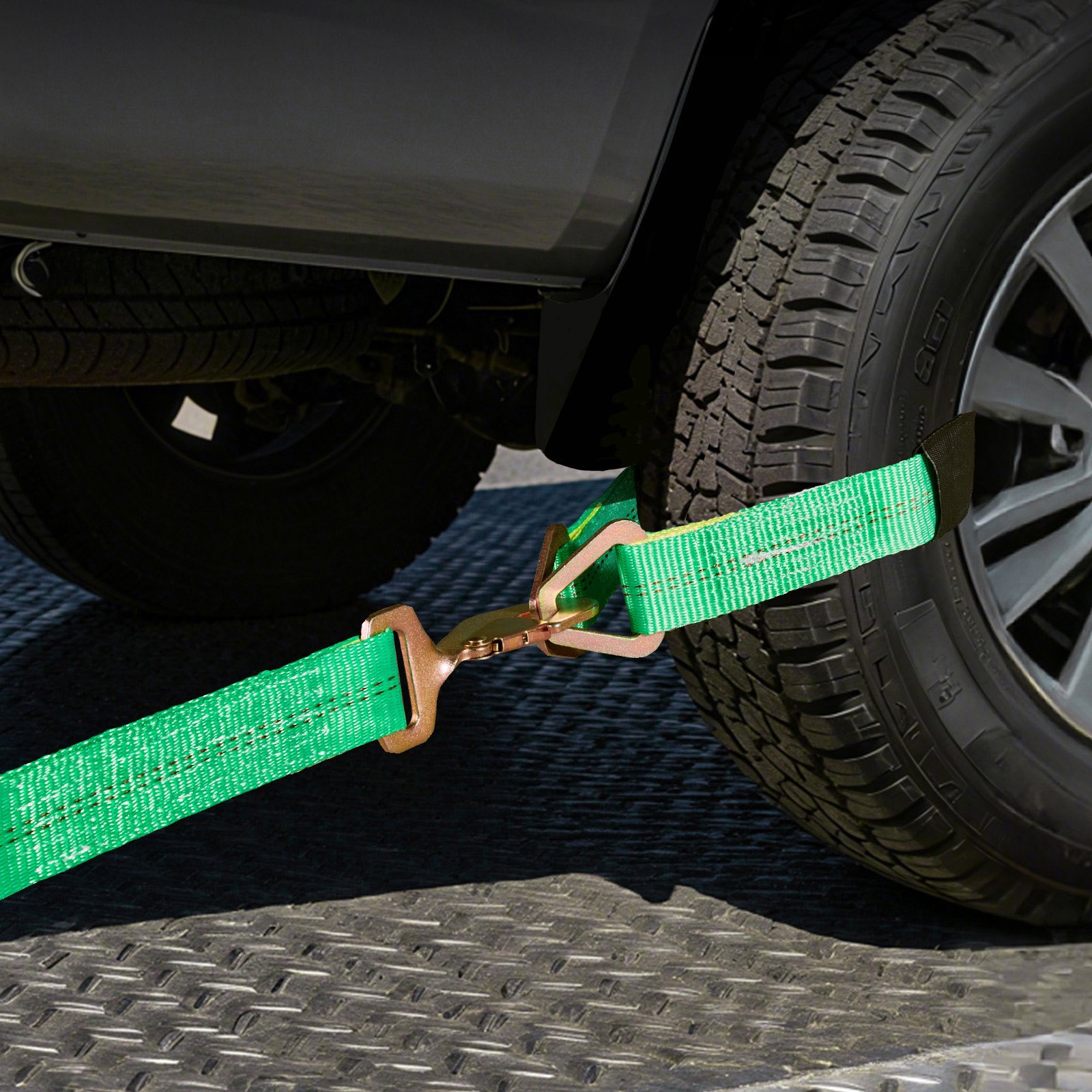 VEVOR Wielbevestigingsband (50,8 x 2438,4 mm) met veerhaken en een treksterkte van 4540 kg en een draagvermogen van 1512 kg, Motorfietsbevestigingssysteem Wielbevestigingsband Bandenband voor SUV's en aanhangwagens, Groen