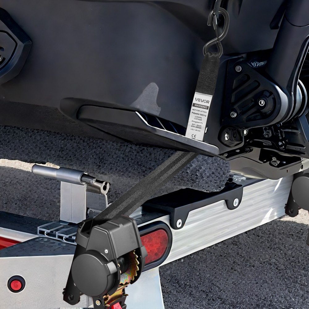 VEVOR Wielbevestigingsriem (44,45 x 1219,2 mm) met S-haken, treksterkte van 748 kg en draagvermogen van 250 kg, Motorfietsbevestigingssysteem Wielbevestigingsriem Bandenriem voor SUV's en aanhangers, Zwart