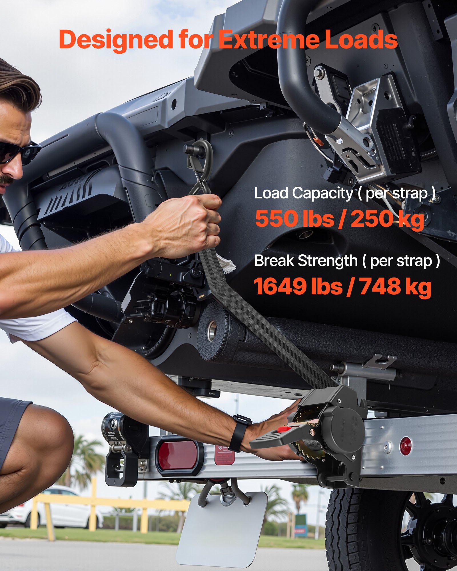 VEVOR Wielbevestigingsriem (44,45 x 1219,2 mm) met S-haken, treksterkte van 748 kg en draagvermogen van 250 kg, Motorfietsbevestigingssysteem Wielbevestigingsriem Bandenriem voor SUV's en aanhangers, Zwart