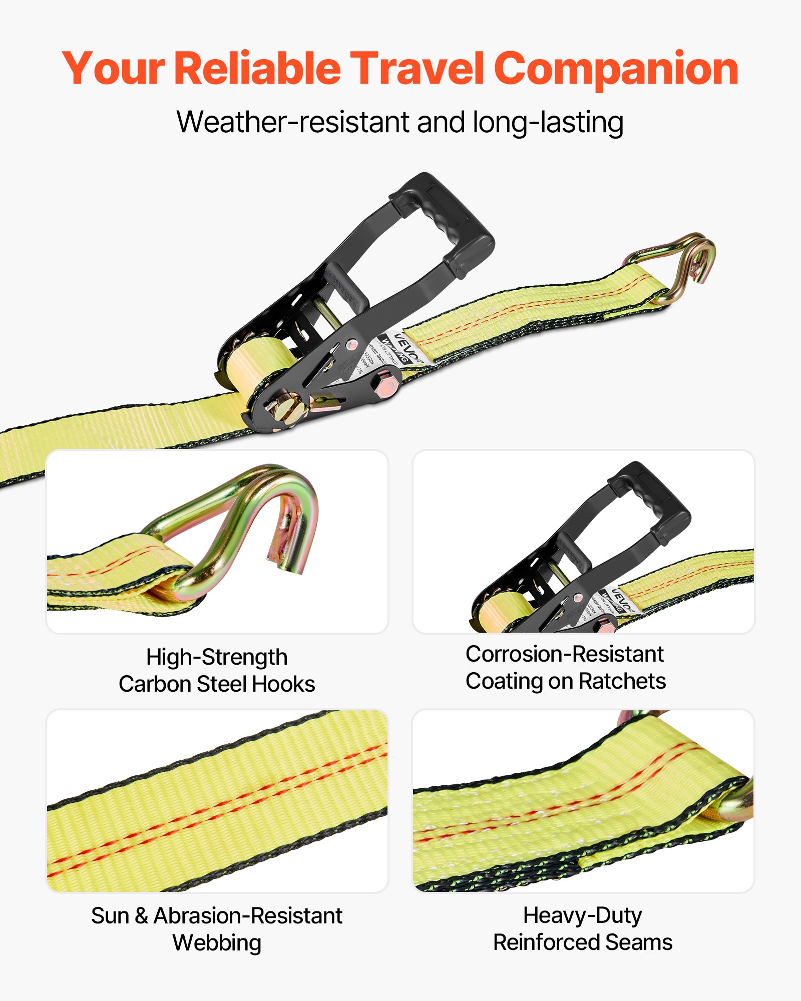 VEVOR Wielbevestigingsriemenset (50,8 x 3048 mm) met J-haken & 4540 kg treksterkte & 1512 kg draagvermogen, Motorfietsbevestigingssysteem Wielbevestigingsriem Bandenriem voor SUV's en aanhangers, Geel