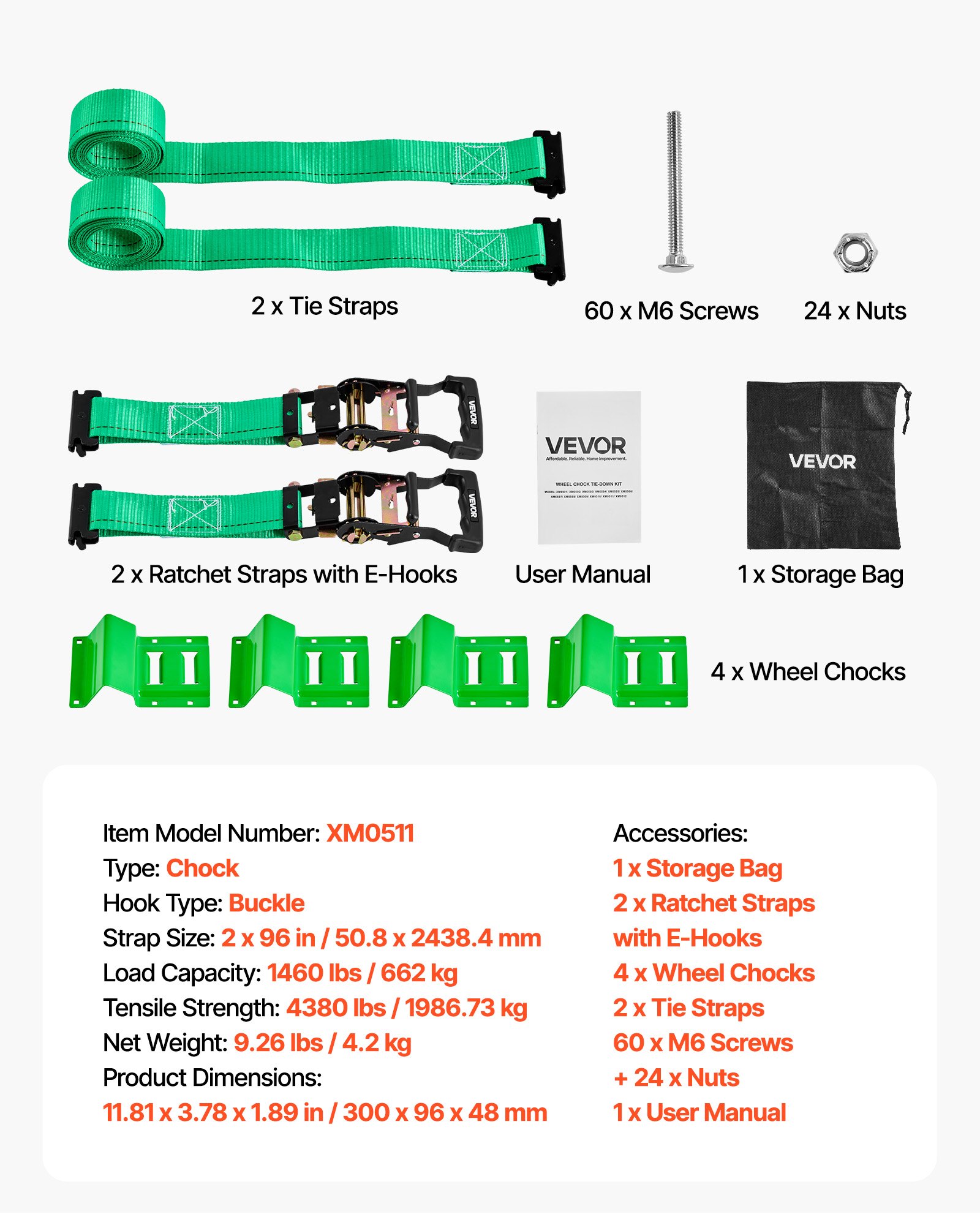VEVOR Wielbevestigingsband (50,8 x 2438,4 mm) met gesp en een treksterkte van 1986,73 kg en een draagvermogen van 662 kg, Motorfietsbevestigingssysteem Wielbevestigingsband Bandenband voor SUV's Aanhangwagens Groen
