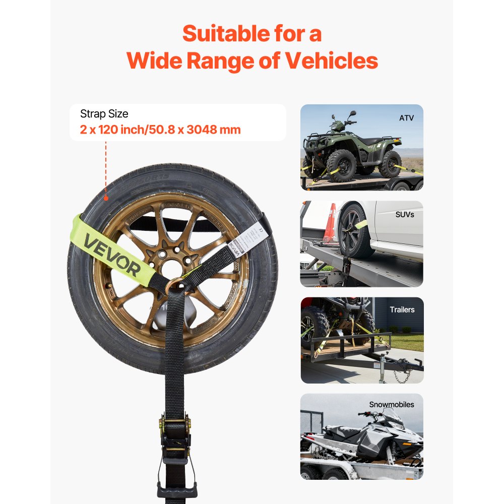 VEVOR Wheel Chock Tie-Down Kit, Tire-Style Trailer Tie Down Strap, Car Tie Down Kit with Flat Hook, Break Strength 10009 lbs & Working Load 3333 lbs Motorcycle Tie-Down System for ATVs, SUVs, Trailers