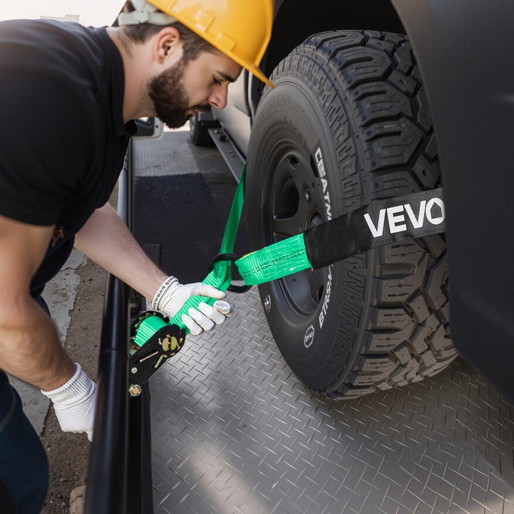 VEVOR Wielbevestigingsriemenset (50,8 x 3048 mm) met robuuste haken en O-ring, treksterkte van 4540 kg en draagvermogen van 1512 kg, motorfietsbevestigingssysteem, wielbevestigingsriem, bandenriem