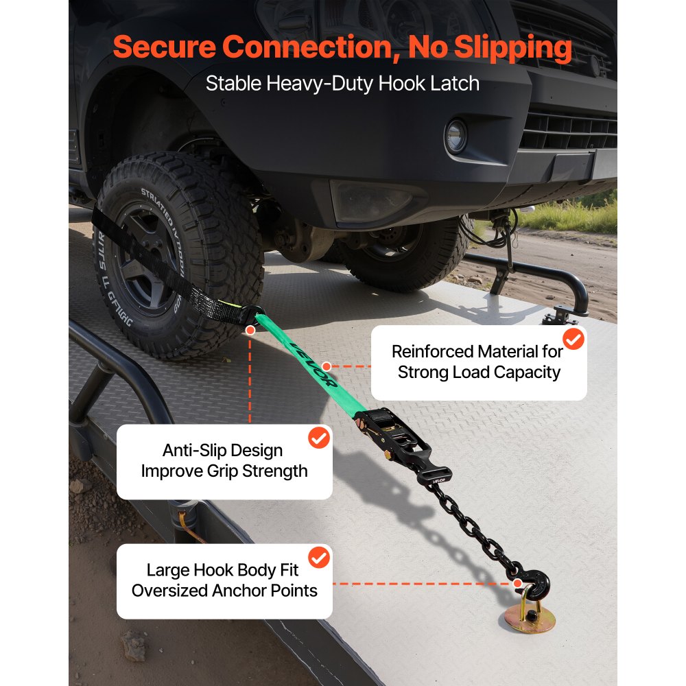 VEVOR Wheel Chock Tie-Down Kit, Tire-Style Tow Dolly Strap, Car Tie Down Kit with Heavy-Duty Hook, Break Strength 10009 lbs & Working Load 3333 lbs Motorcycle Tie-Down System for ATV, SUV, Trailer