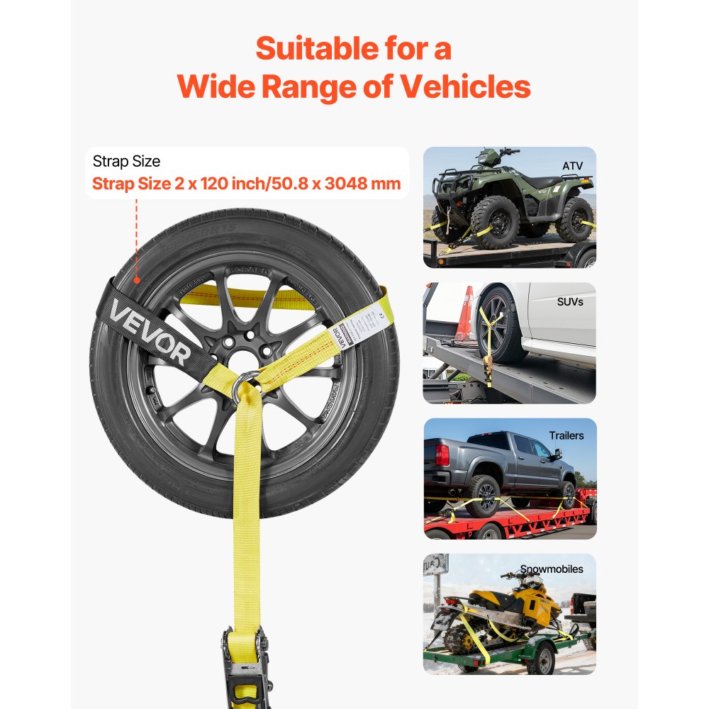 VEVOR Wheel Chock Tie-Down Kit, Tire-Style Tow Dolly Strap, Car Tie Down Kit with Heavy-Duty Hook, Break Strength 10009 lbs & Working Load 3333 lbs Motorcycle Tie-Down System for ATV, SUV, Snowmobiles