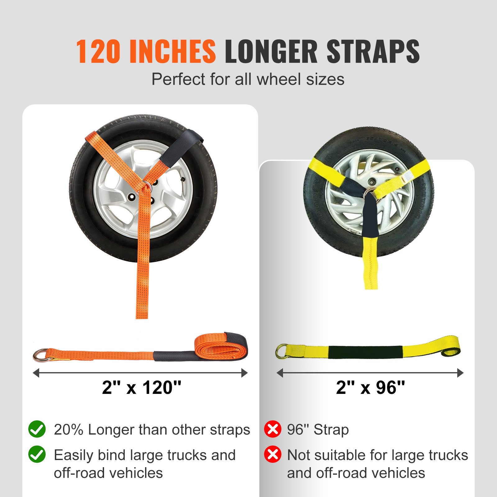 VEVOR Ratchet Tie Down Straps Kit, Lasso Style 2" x 120" Tire Straps, 5512 LBS Working Load, 11023 LBS Breaking Strength, Car Tie Down Straps with Snap Hooks for Passenger Car, Truck, Trailer, 4-Pack