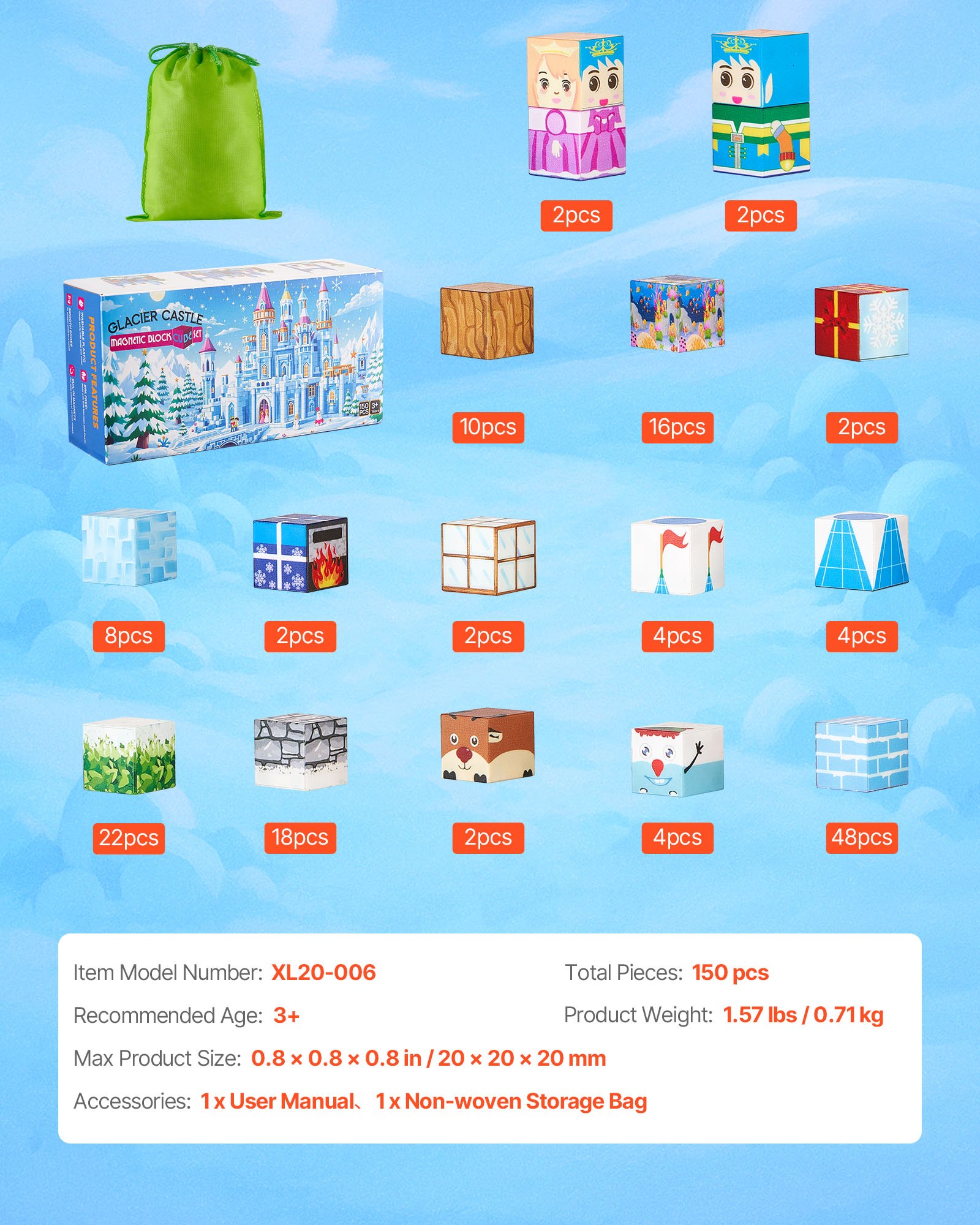 VEVOR Magnetische Bouwstenen, 150-delige Gletsjerkasteelset, Magnetische Blokken, STEM Montessori Sensorisch Speelgoed als Kerst- & Verjaardagscadeau, Constructiestapelspeelgoed, Vanaf 3 jaar