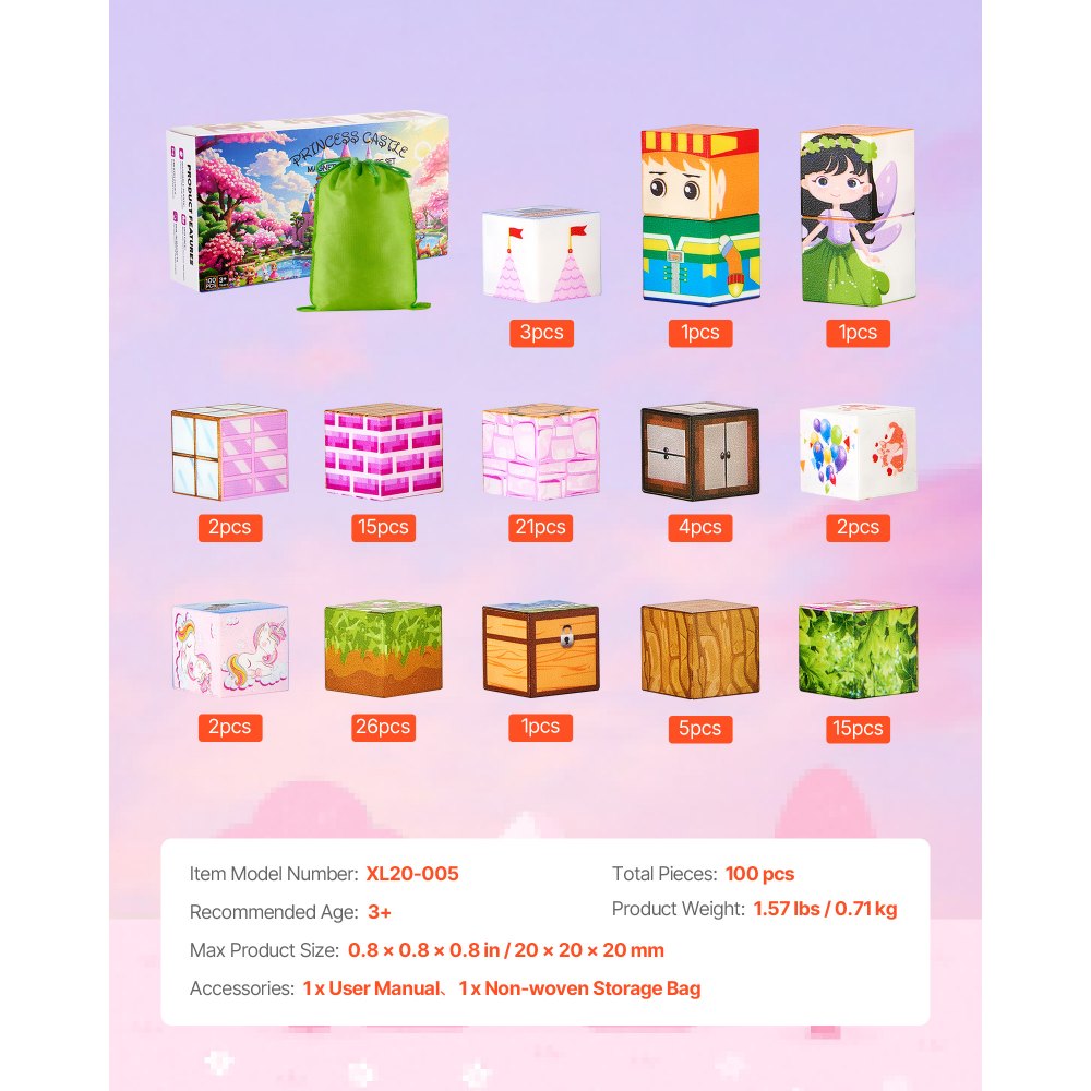 VEVOR Magnetische bouwstenen, 100-delige prinsessenkasteelset, magnetische blokken, STEM Montessori-speelgoed als kerst- en verjaardagscadeau, constructiestapelspeelgoed, vanaf 3 jaar