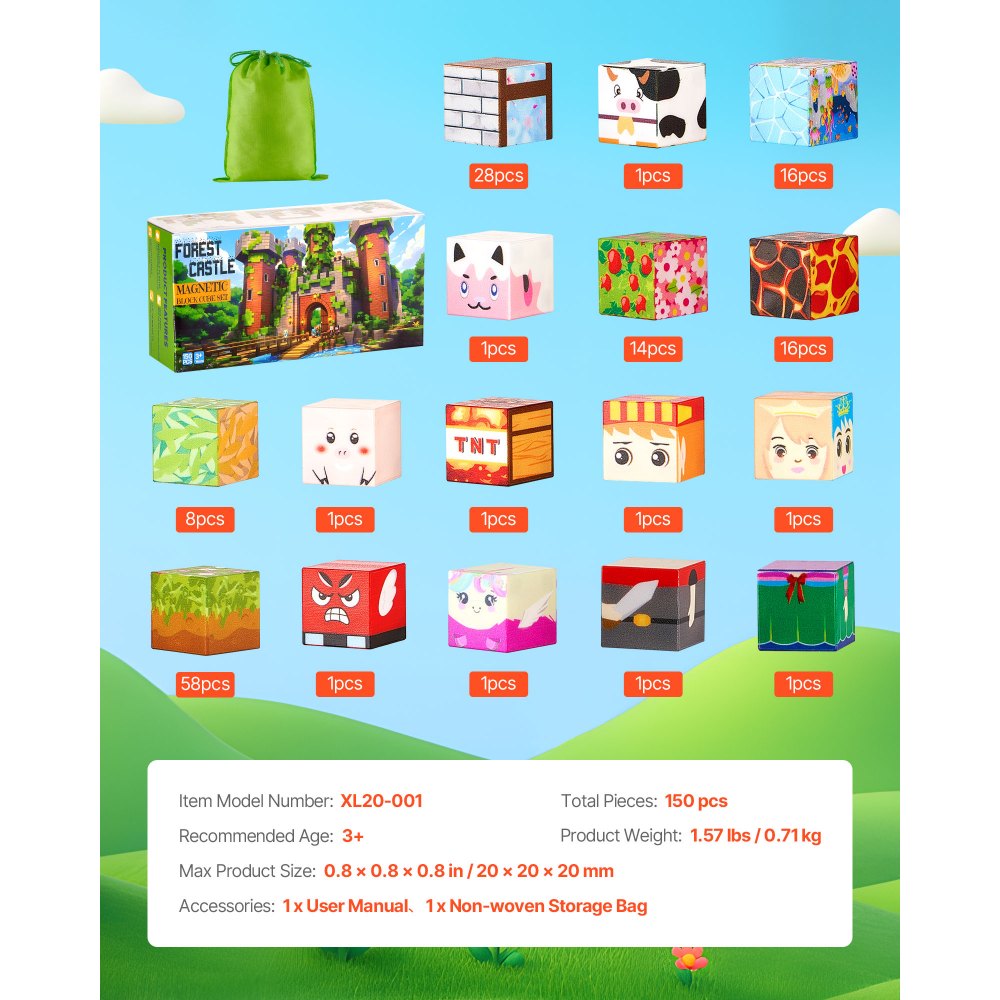 VEVOR Magnetic Blocks, 150 PCS Forest Castle Set, Magnetic Building Cubes for Kids, STEM Montessori Sensory Toys for Christmas Birthday Gift, Construction Stacking Toy for 3+ Years Old Boys & Girls