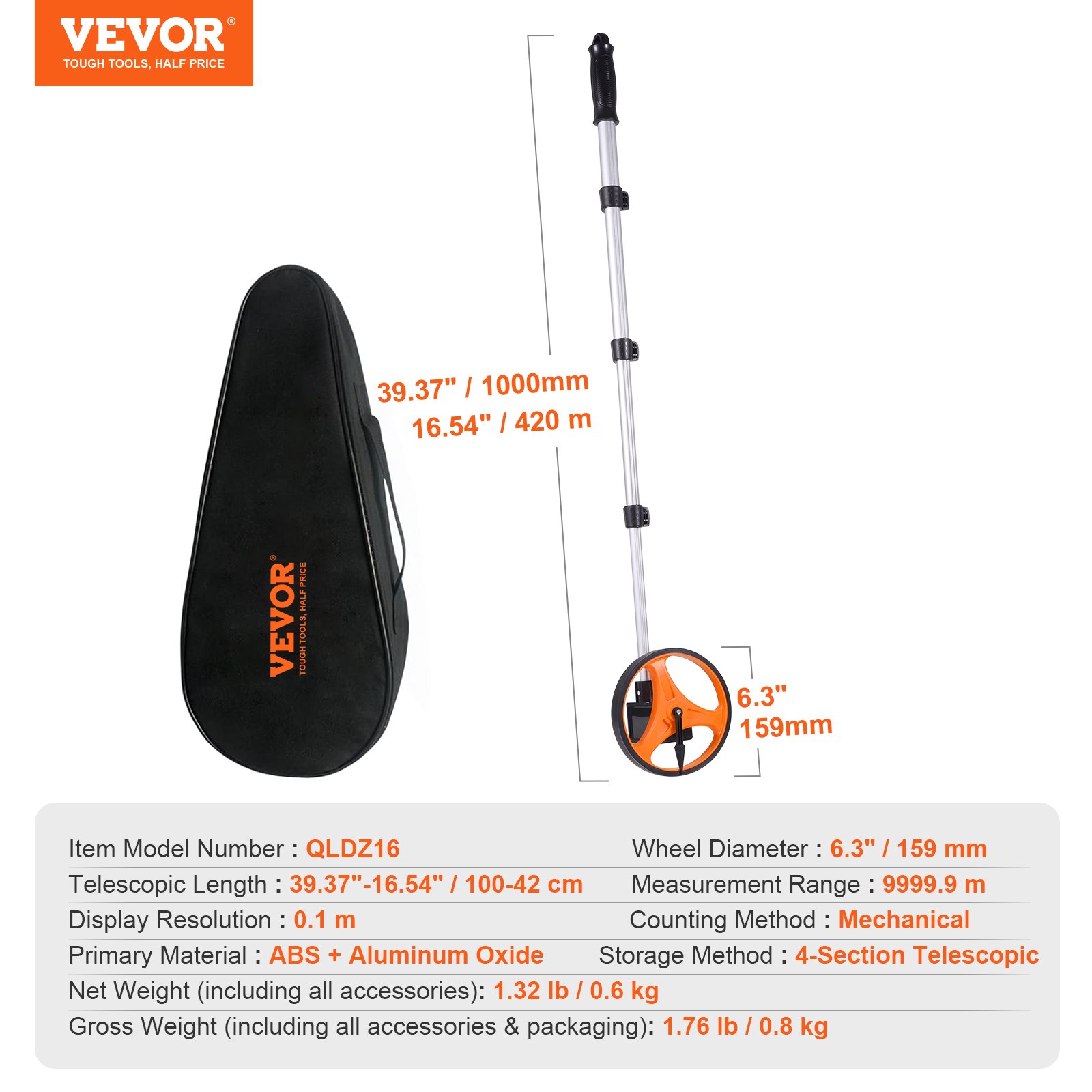 VEVOR Meetwiel 0-9999,9 m Precisiemeetwiel ± 0,5% Meetrol Snelheidsmeter met 4-delige telescopische staaf 100-42 cm Meetwiel φ159 mm Afstandsmeter Gemaakt van ABS + aluminiumoxide Inclusief draagtas