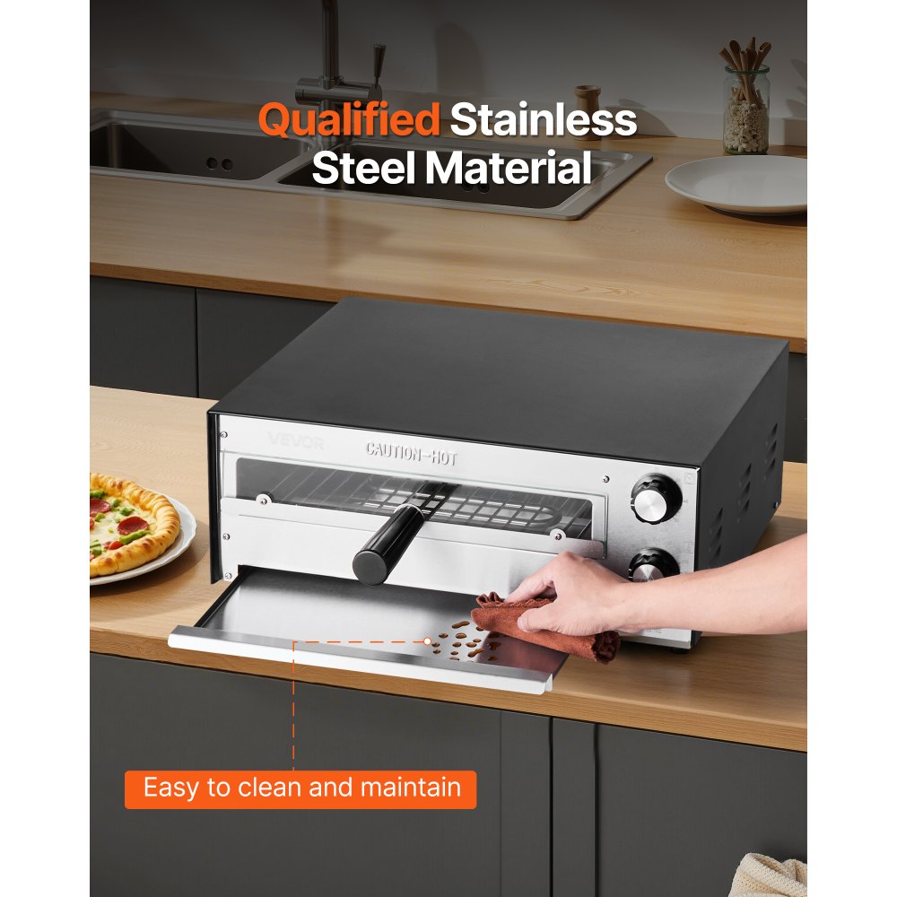 VEVOR elektrische pizzaoven voor 305 mm pizza, 1450 W pizzaoven tot 300 °C, pizzamaker met tijd- en temperatuurregeling, pizzabakmachine, pizzamachine, multifunctionele grilloven, zwart