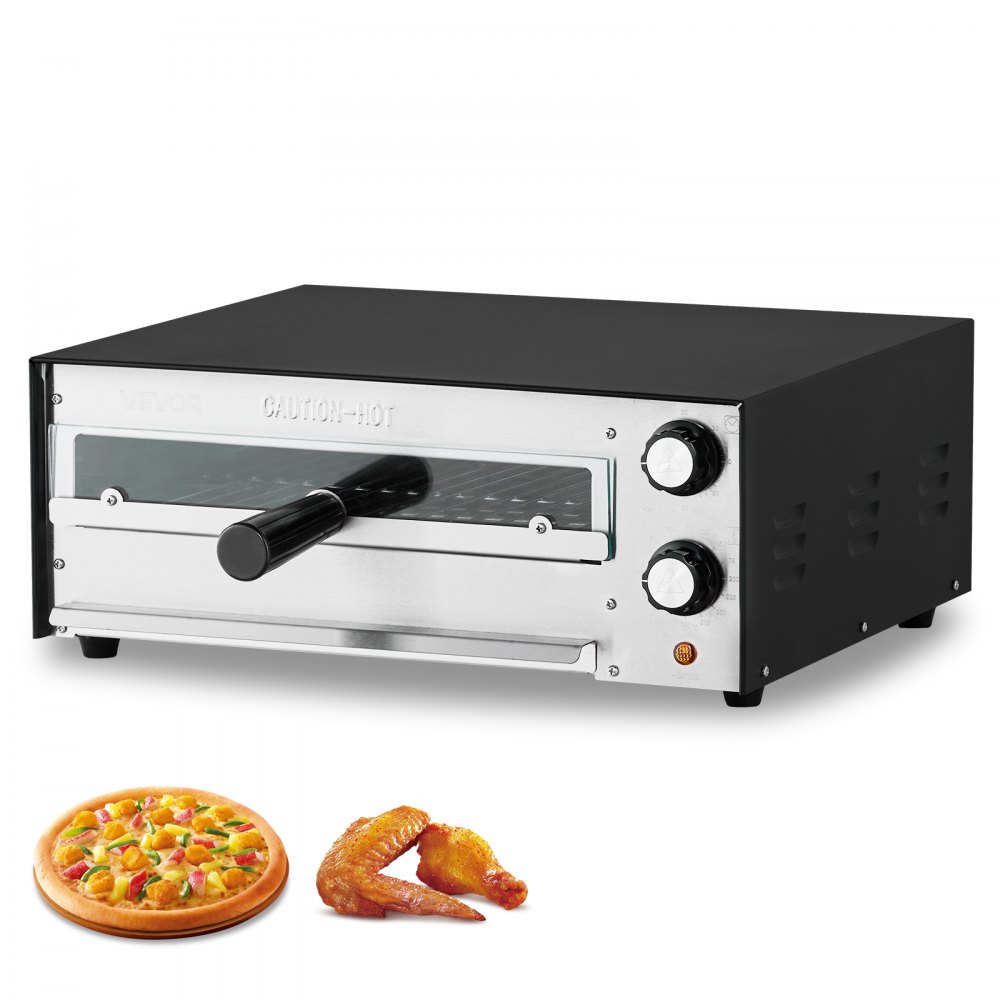VEVOR elektrische pizzaoven voor 305 mm pizza, 1450 W pizzaoven tot 300 °C, pizzamaker met tijd- en temperatuurregeling, pizzabakmachine, pizzamachine, multifunctionele grilloven, zwart