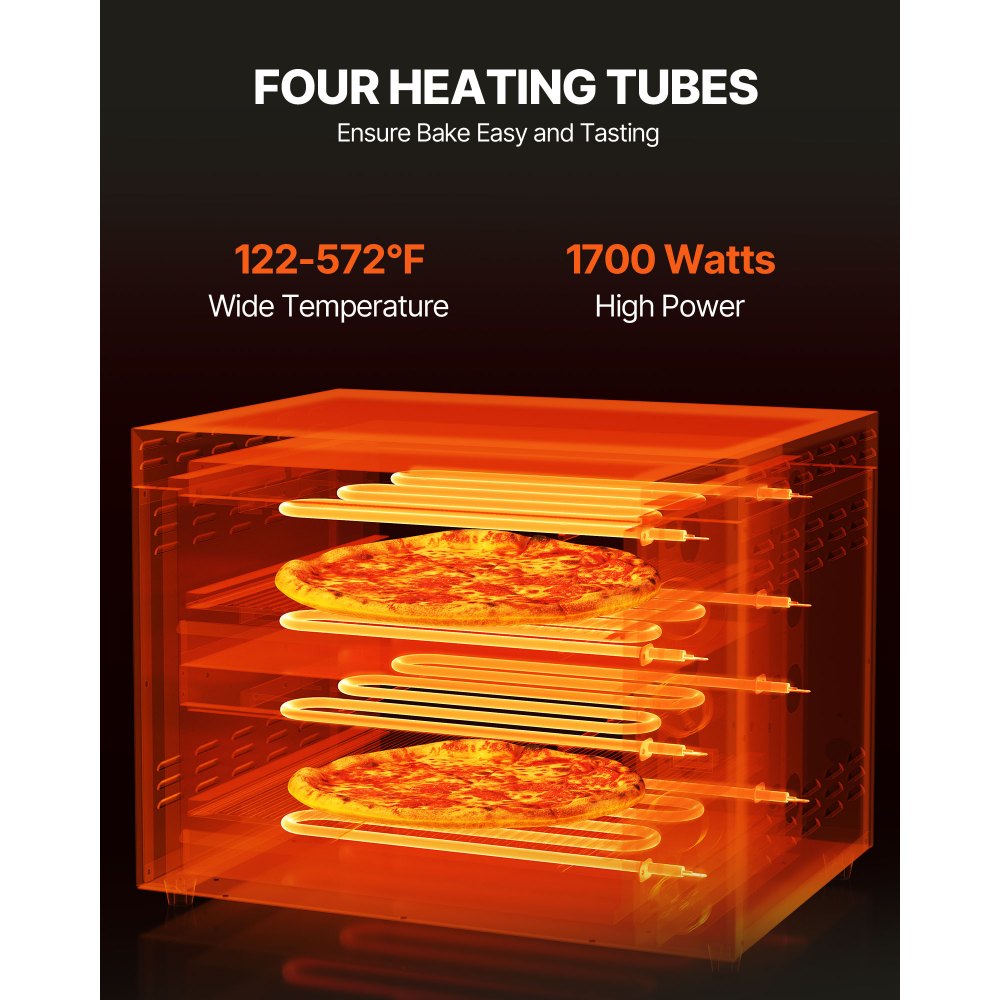 VEVOR 12-inch 1700W elektrische pizzaoven voor op het aanrecht met temperatuurregeling en timer van 0-60 minuten, gelijkmatige baktechnologie en eenvoudig te reinigen kruimellade, ideaal voor commerciële en thuiskeukens