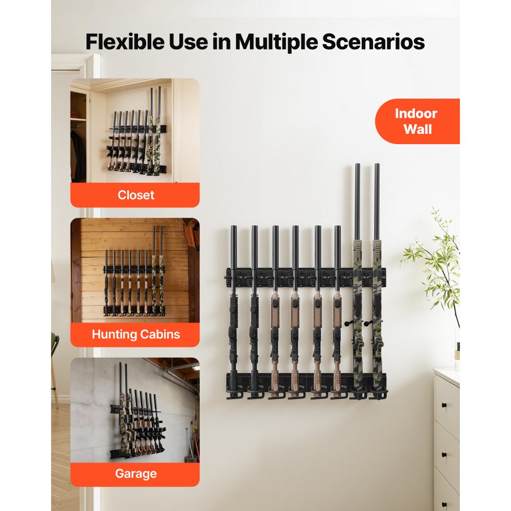 VEVOR Indoor Gun Rack, Heavy Duty Steel, Wall Mount Rifle and Shotgun Rack, 8 Slots for Long Guns, Gun Display Rifle Storage Holder with Screws, for Home Garage Office Retail Shop Hunting Cabin Wall