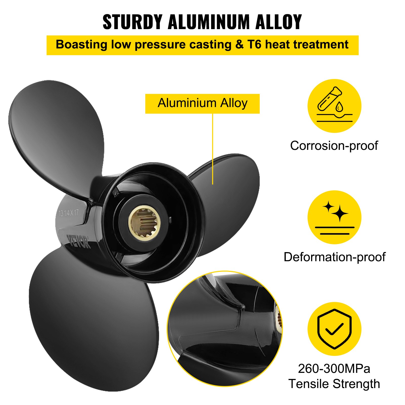 VEVOR Outboard Propeller, Replace for OEM 765183, 3 Blades 13 1/4\" x 17\" Pitch Aluminium Boat Propeller, Compatible with 40-140HP 2-Stroke Evinrude Outboard, with 13 Tooth Splines, RH