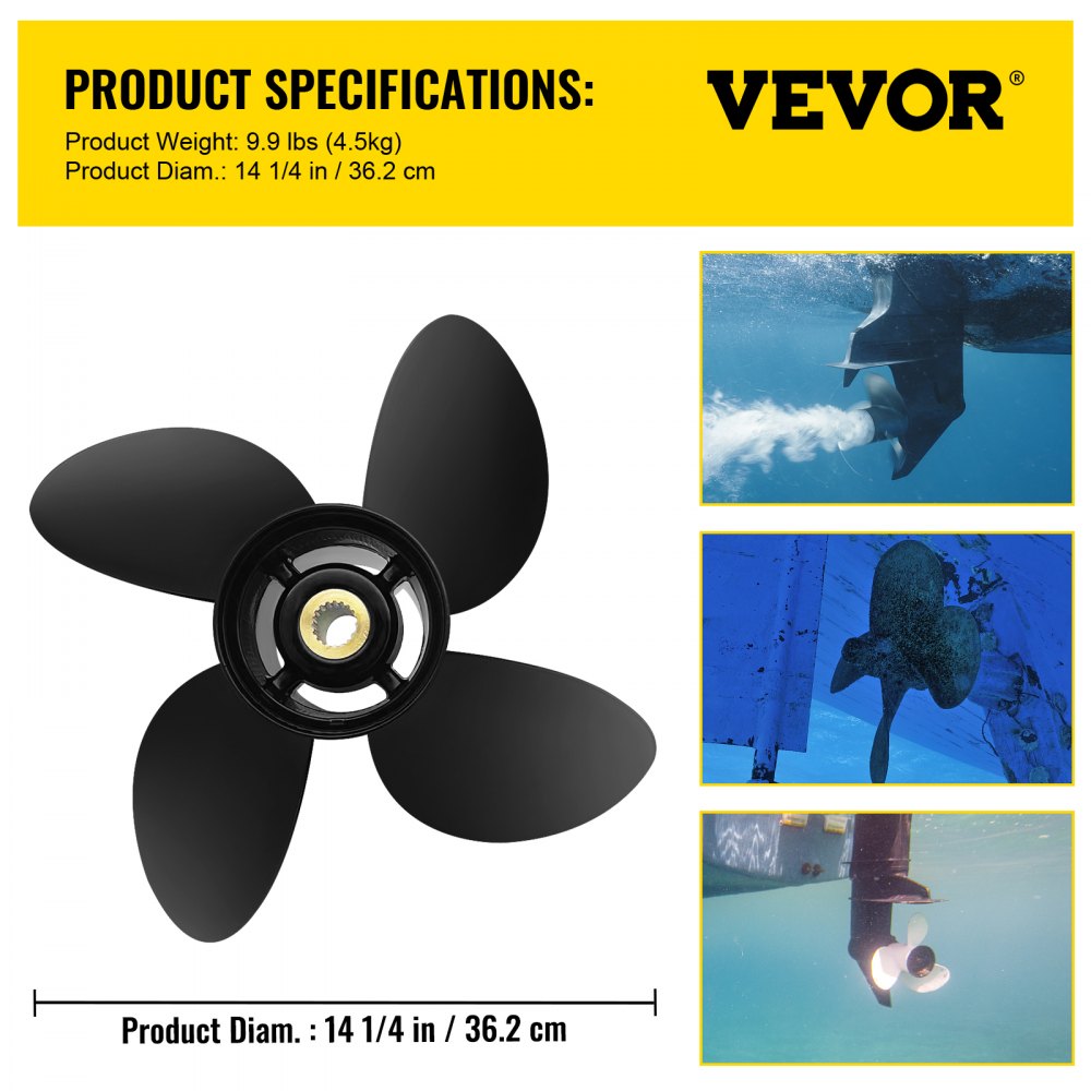 VEVOR buitenboordmotorpropeller, vervanging voor OEM 3587522, 4-bladige aluminium bootpropeller met 14-1/4 inch x 19 inch spoed, compatibel met Volvo Penta SX-aandrijving alle modellen, met 19 splines, rechts
