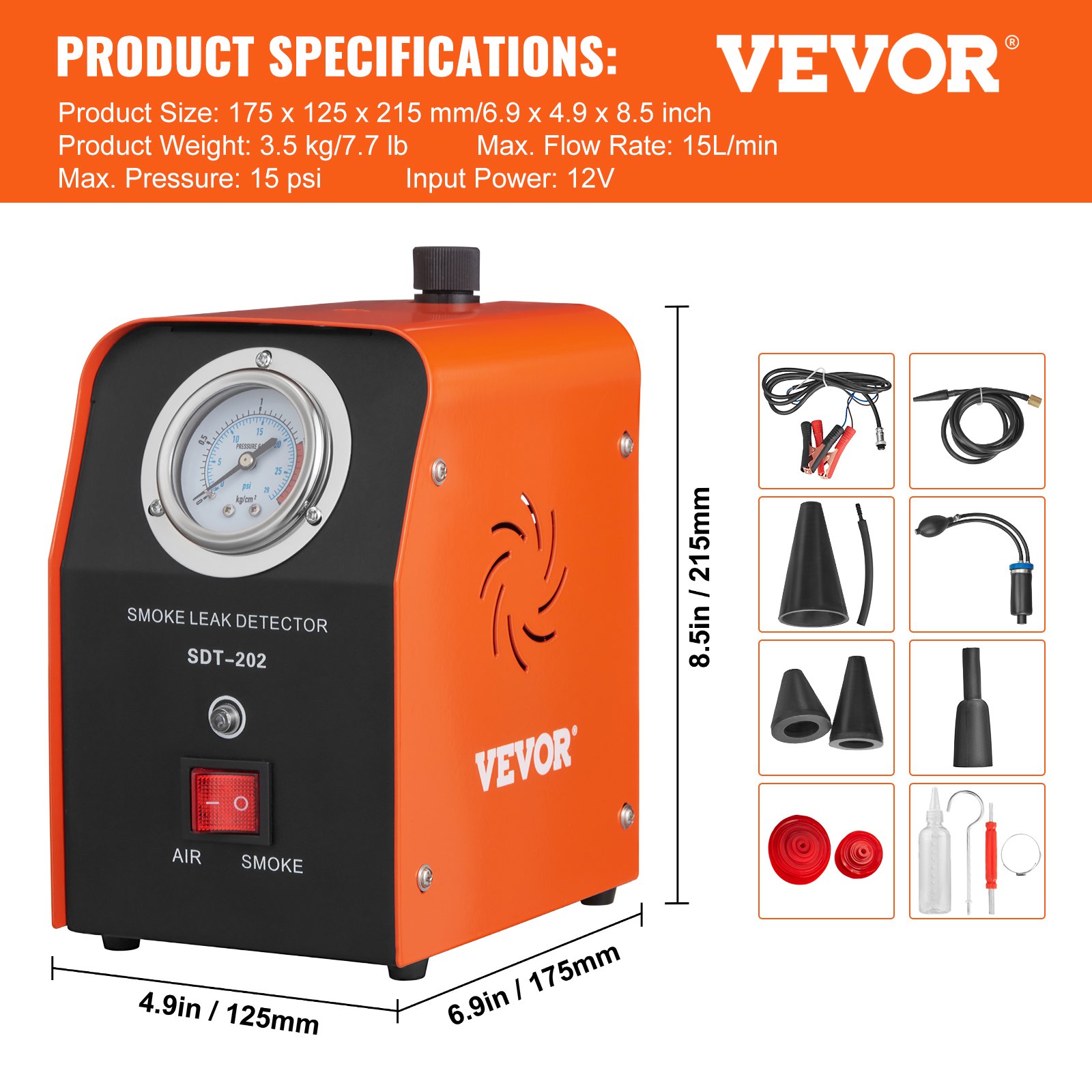 VEVOR Rookmachine Auto 15 psi Rookmachine Lekdetector 15 L/min Rookmachine Testapparaat 19,6 cm³ Vloeistofvolume, Auto Lekdetector Brandstoflekdetector Voertuigleiding