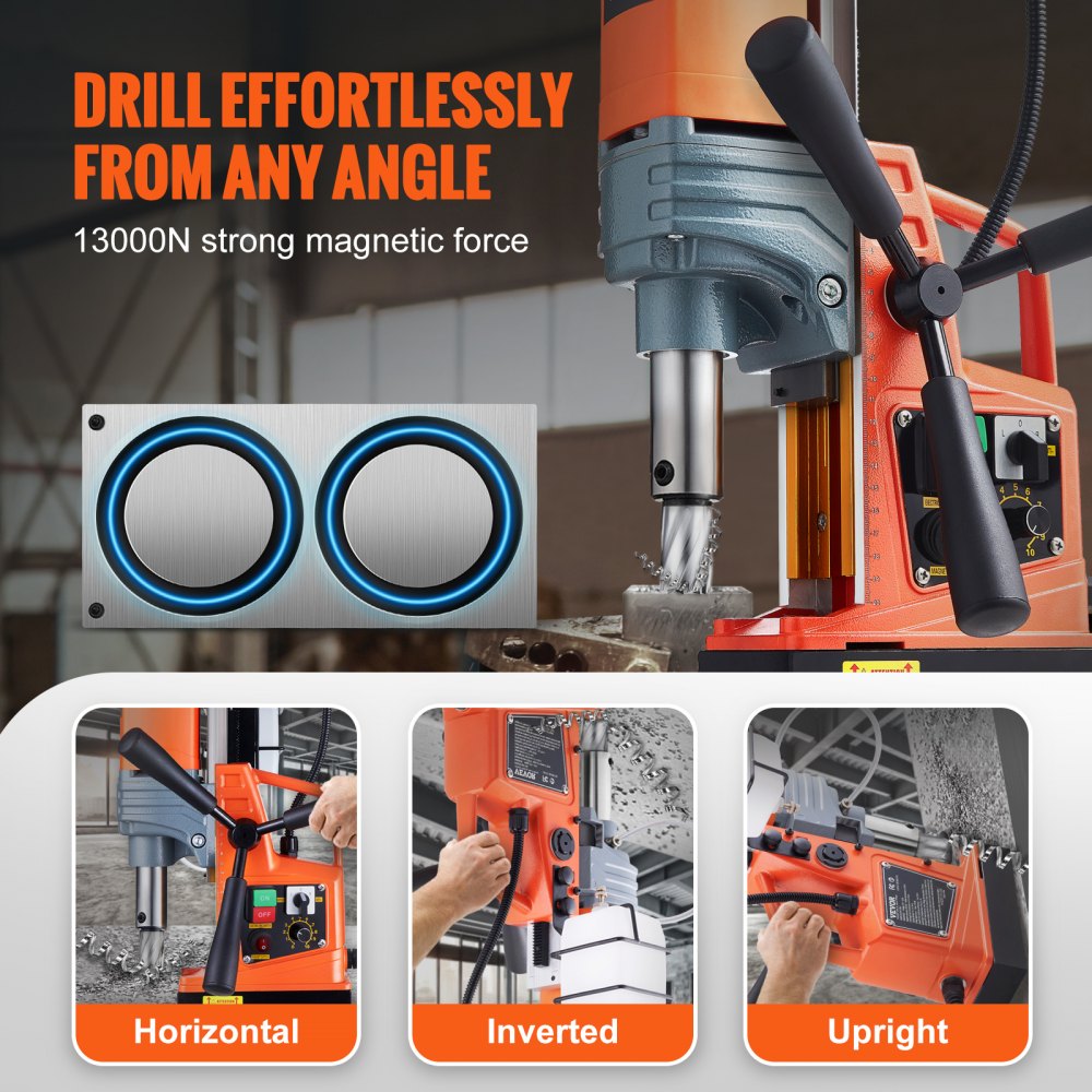 VEVOR Magnetic Drill, 1300W 1.57" Boring Diameter, 2922lbf/13000N Portable Electric Mag Drill Press with Variable Speed, 700 RPM Drilling Machine for any Surface Home Improvement Industry Railway
