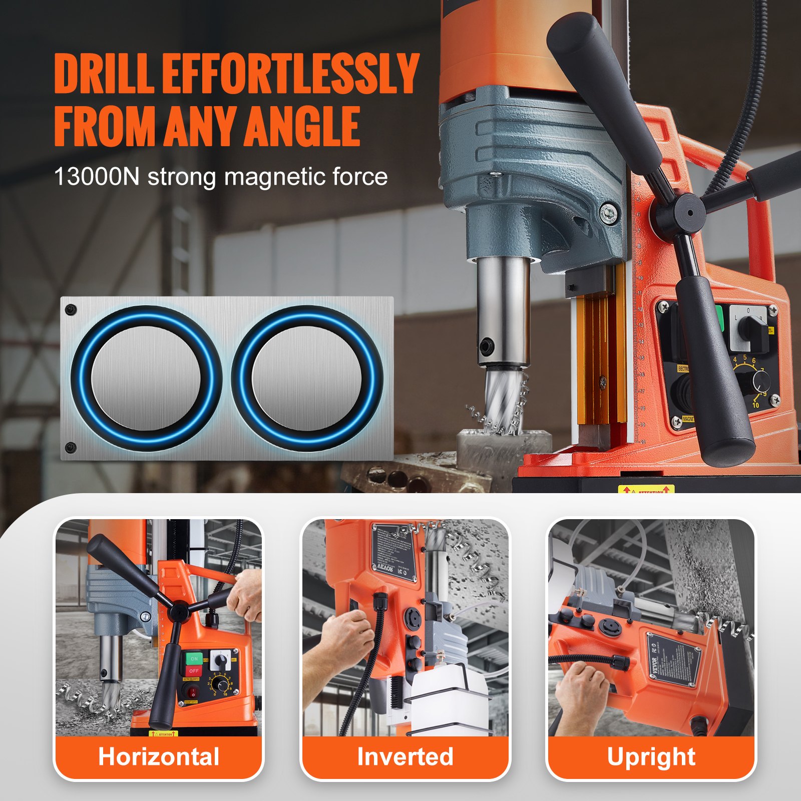 VEVOR Magnetic Drill, 1300W 1.57" Boring Diameter, 2922lbf/13000N Portable Electric Mag Drill Press with Variable Speed, 700 RPM Drilling Machine for any Surface Home Improvement Industry Railway