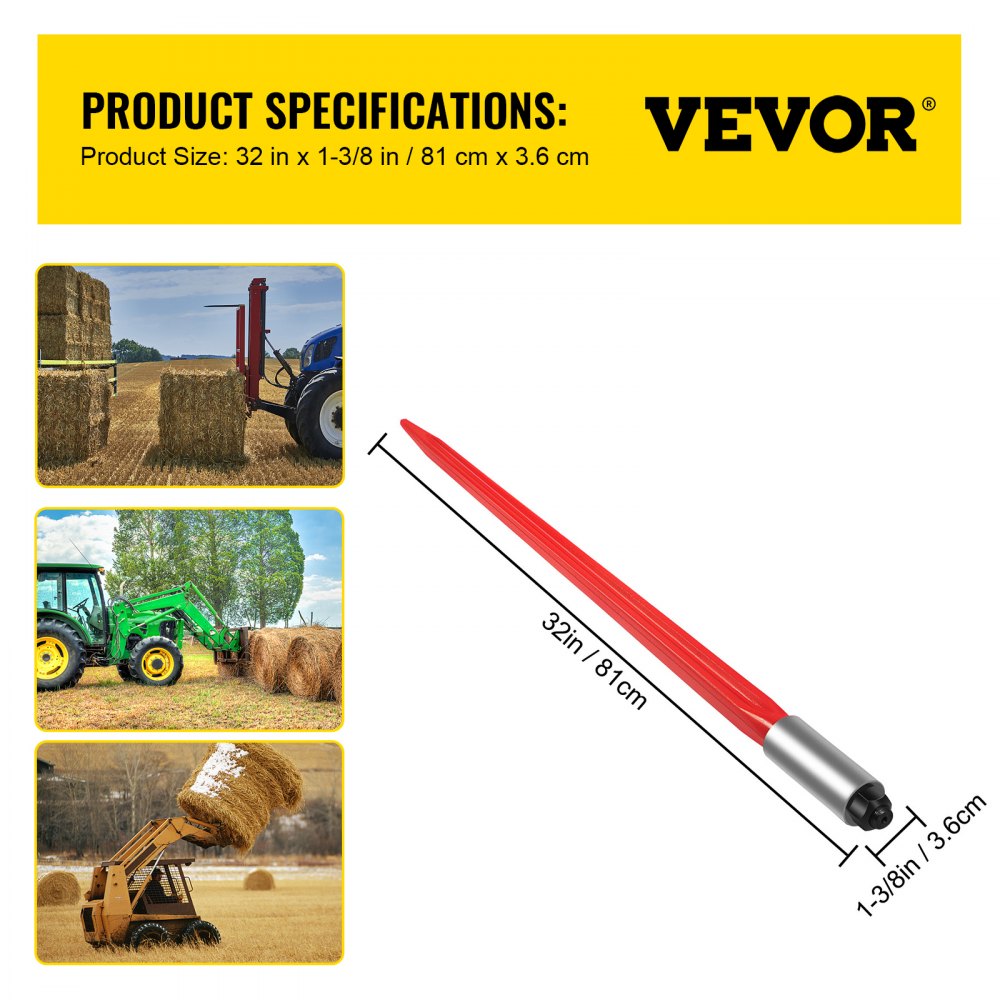 VEVOR hooispies, 81,3 cm, balenspies, capaciteit 600 kg, balenspies met snelbevestiging, vierkante hooispies, 3,6 cm breed, rood gecoate balenvorken, balenspies met zeskantmoer en huls voor scheppen, tractoren, laders