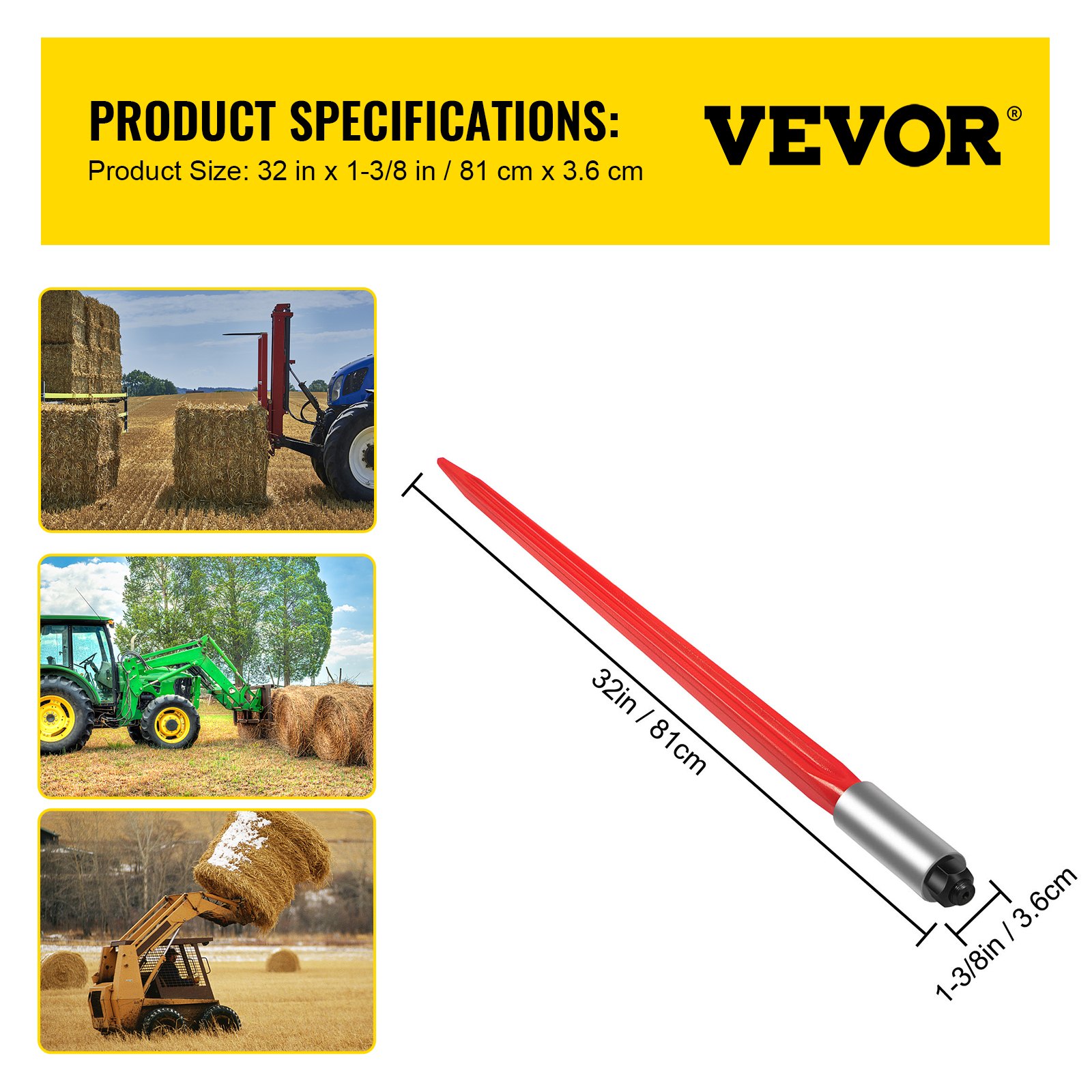 VEVOR hooispies, 81,3 cm, balenspies, capaciteit 600 kg, balenspies met snelbevestiging, vierkante hooispies, 3,6 cm breed, rood gecoate balenvorken, balenspies met zeskantmoer en huls voor scheppen, tractoren, laders