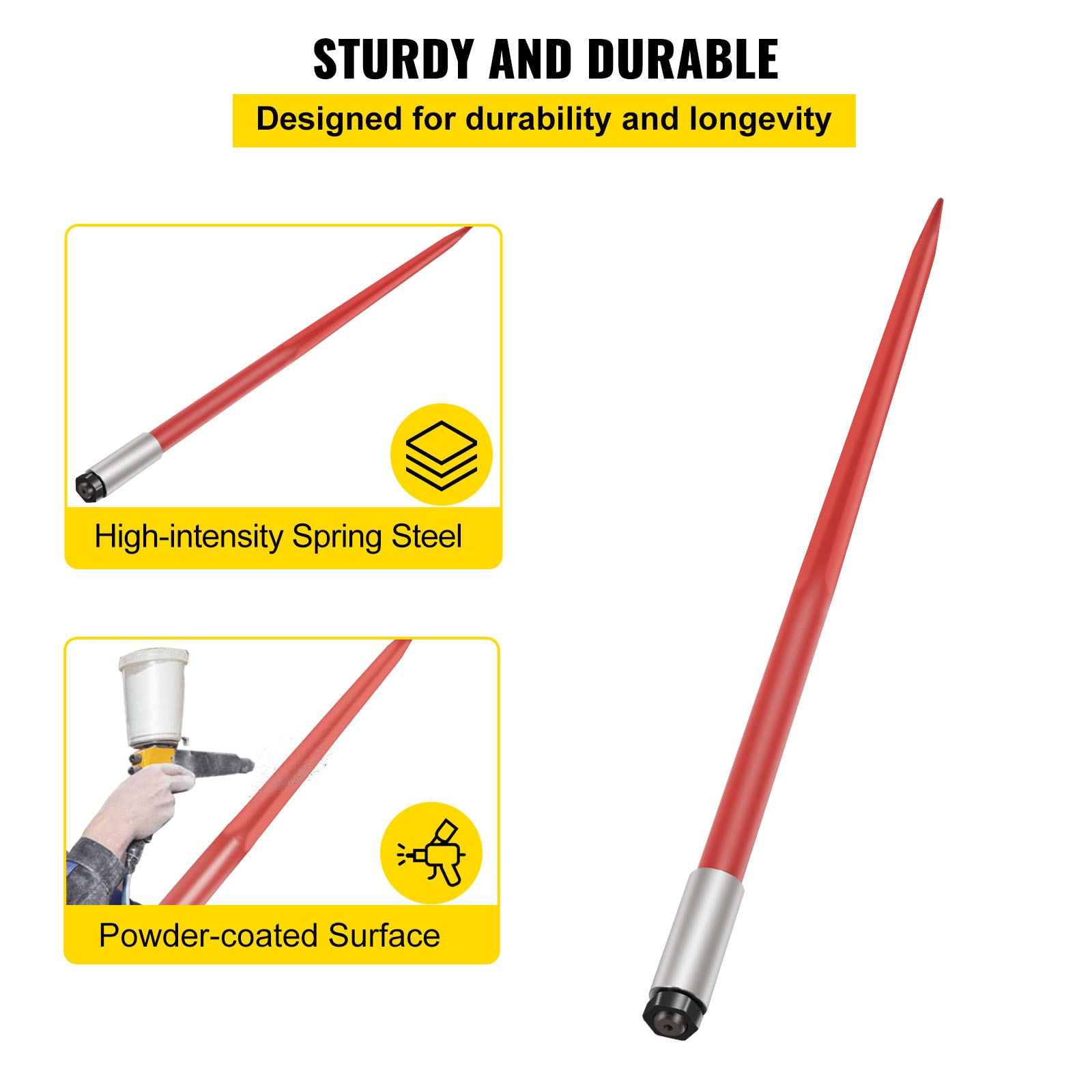 VEVOR hooispike, 49-inch balenspike, capaciteit 4500 lbs, snel te bevestigen vierkante hooispike, 1 3/4-inch breed, rood gecoate balenvorken, balenspike met zeskantmoer en huls voor scheppen, tractoren, laders