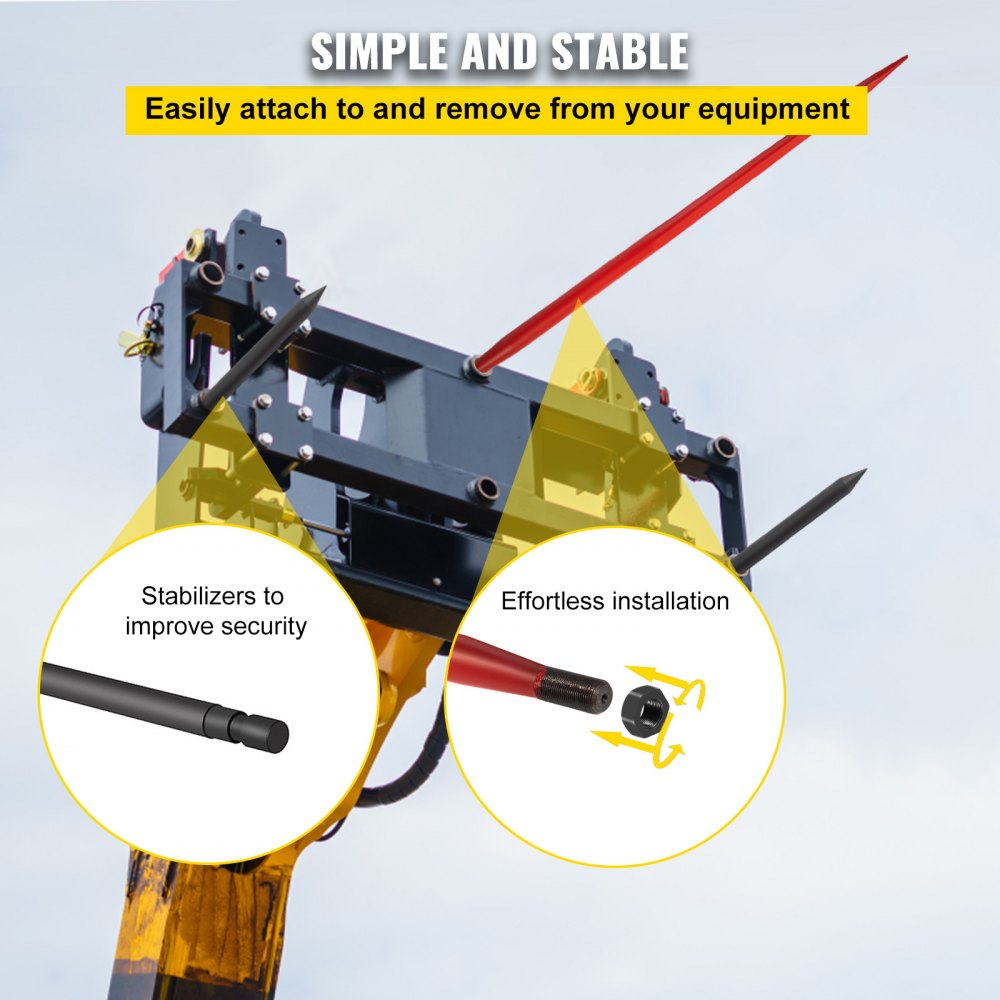 VEVOR Frontladertanden, 125 cm tanden, 1360 kg capaciteit, snel te bevestigen balenspies, vierkante hooibaalprikkers, 1 3/4 inch breed, rood gecoat, balenvork met 2 stabilisatoren