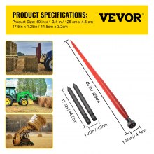 VEVOR voorladertanden 125 cm tanden 1360 kg capaciteit snelbevestiging baalpen vierkante hooibalensperen 1 3/4" brede rood gecoate baalvork met 2 stabilisatoren