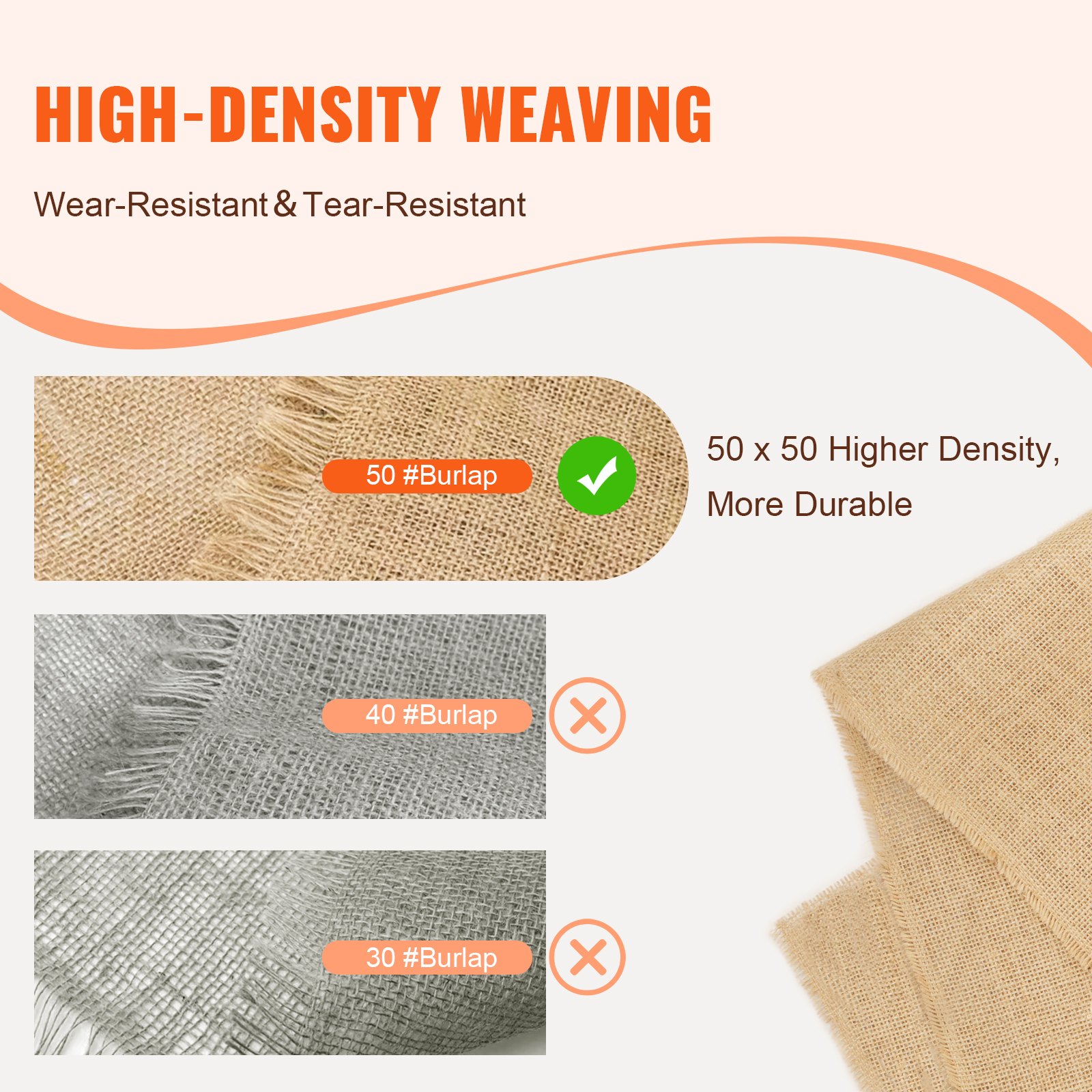 VEVOR Burlap Fabric Roll, 40” x 300 ft & 50 x 50 High Density Wide Natural Burlap Fabric Rolls, Jute Fabric Burlap Tree Wrap Roll, for Decor, Crafts, Wedding, Gardening, Plant & Tree Winter Covering