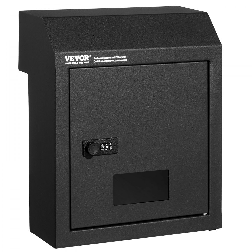 black VEVOR door key drop box with combination lock and front viewing window.