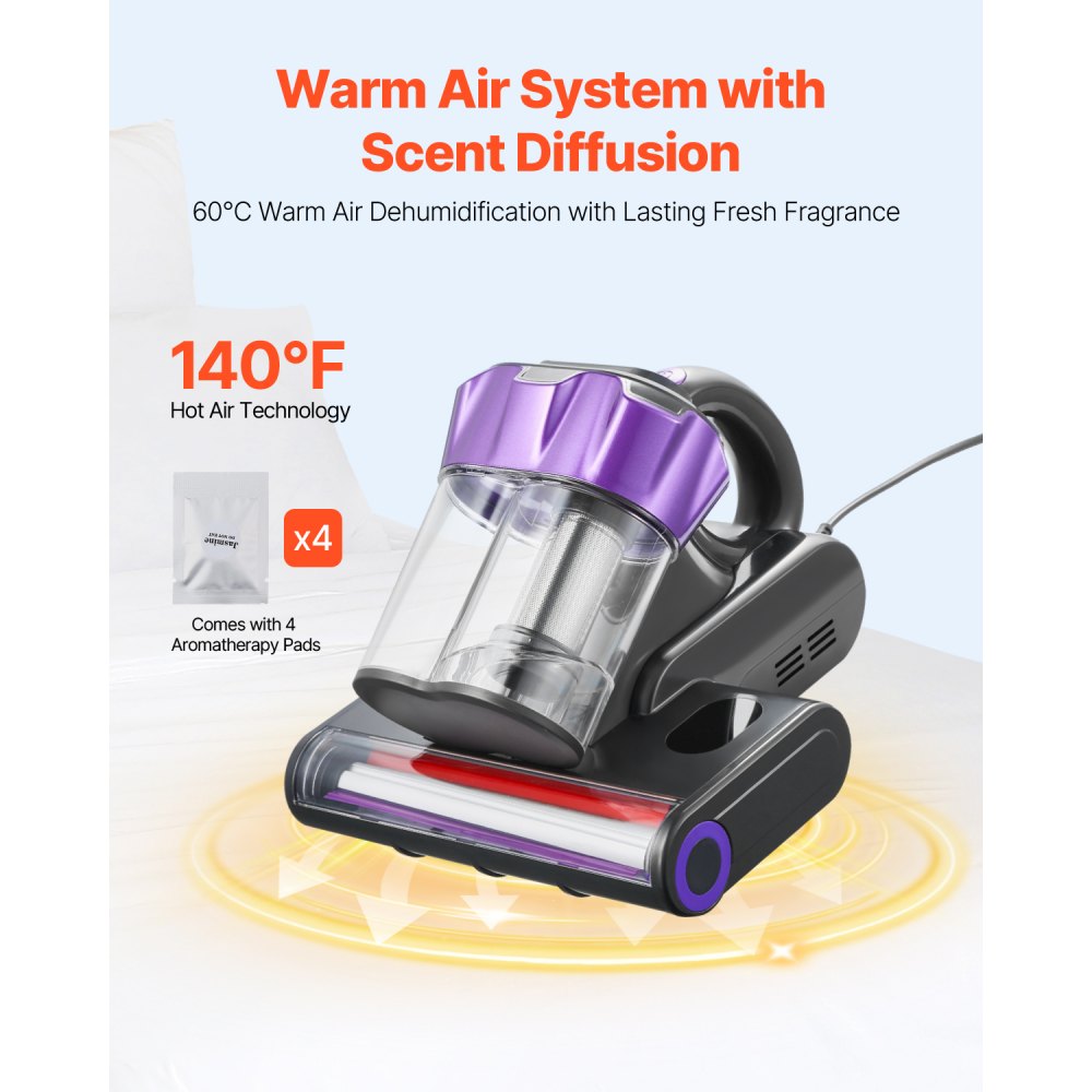 VEVOR Matrasstofzuiger 550W Bedstofzuiger met 18 kPa zuigkracht & dubbele stofbak & HEPA-filter & verwarming & reinigingslampjes, matrasreiniger voor bedbank met snoer, grijs