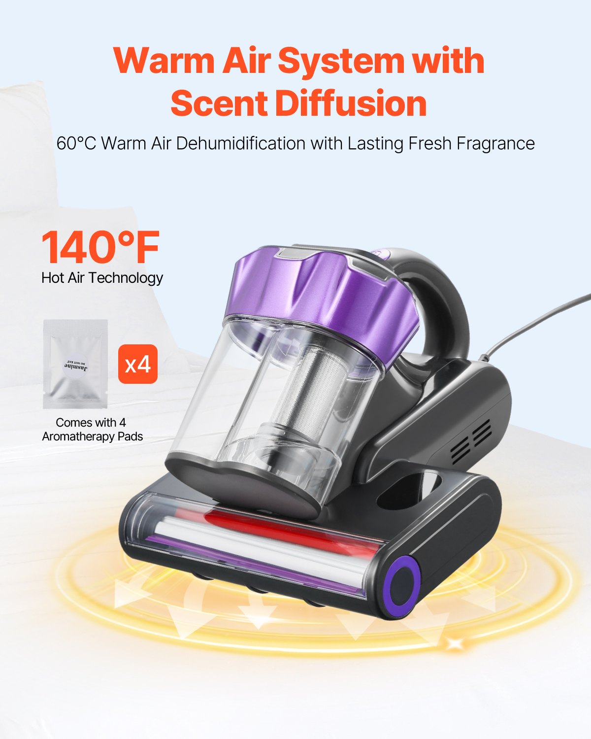 VEVOR Mattress Vacuum Cleaner, 550W Bed Vacuum Cleaner with 18Kpa Powerful Suction and Dual Dust Bin, HEPA Filter & Heating, Ultrasound Tech & Cleaning Lights, Handheld for Bed, Sofa, Corded, Gray