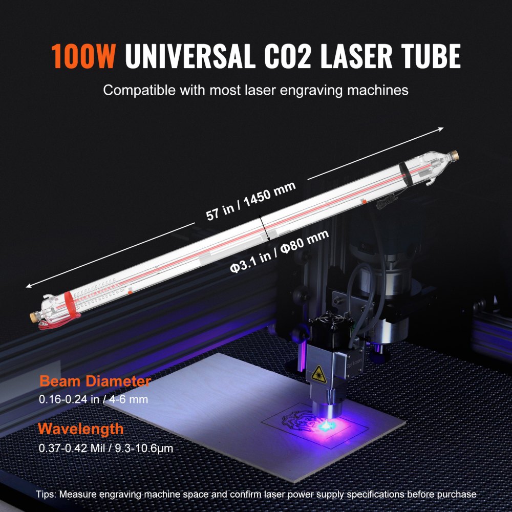 VEVOR 100W CO2 Laser Tube, 57 in (1450 mm) Length, 3.1 in (80 mm) Dia Borosilicate Glass Laser Cutter Tube with Metal Head, 10,000hr Wires Preconnected for Laser Engraver Engraving Cutting Machine