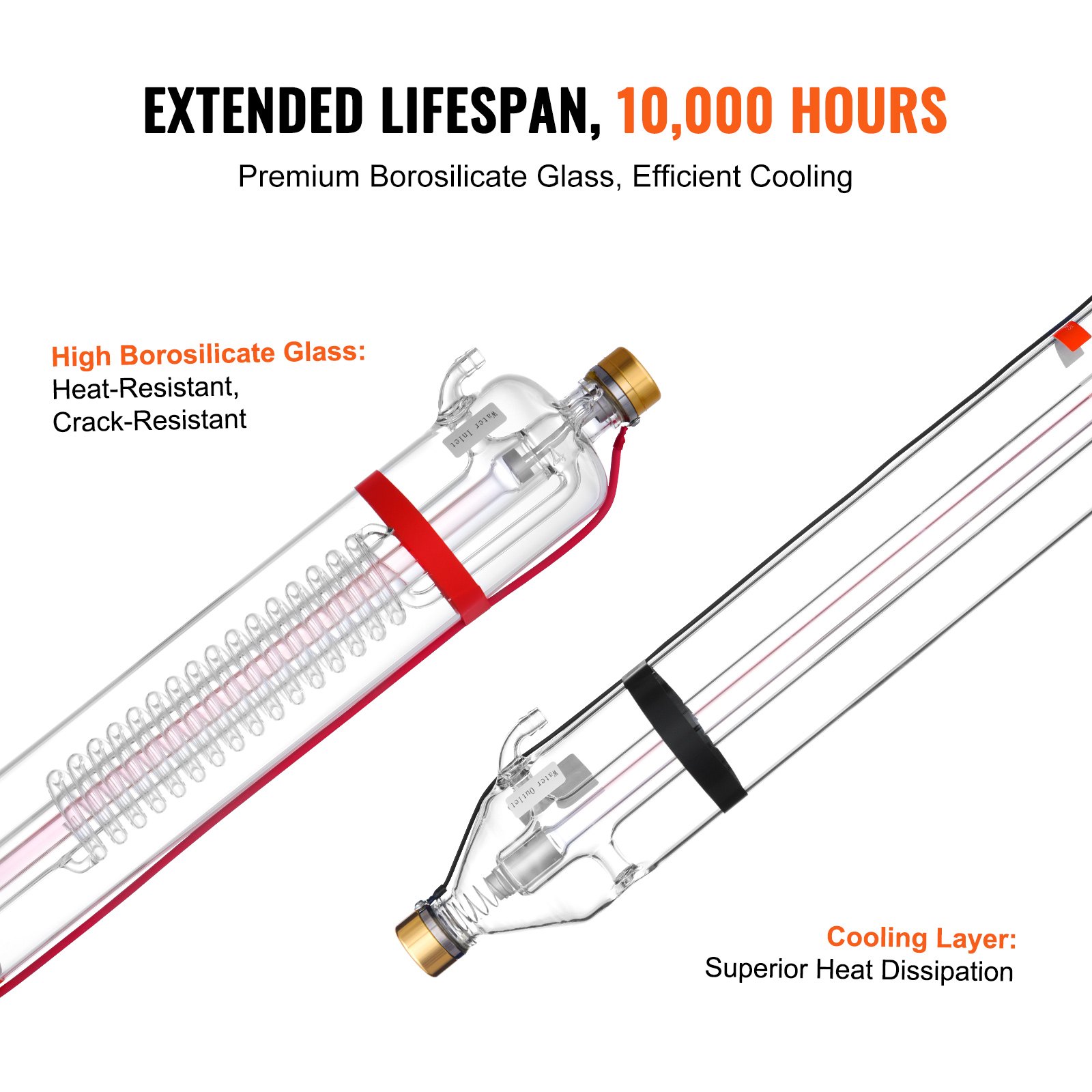 VEVOR 130W CO2 Laser Tube, 65 in (1650 mm) Length, 3.1 in (80 mm) Dia Borosilicate Glass Laser Cutter Tube with Metal Head, 10,000hr Wires Preconnected for Laser Engraver Engraving Cutting Machine